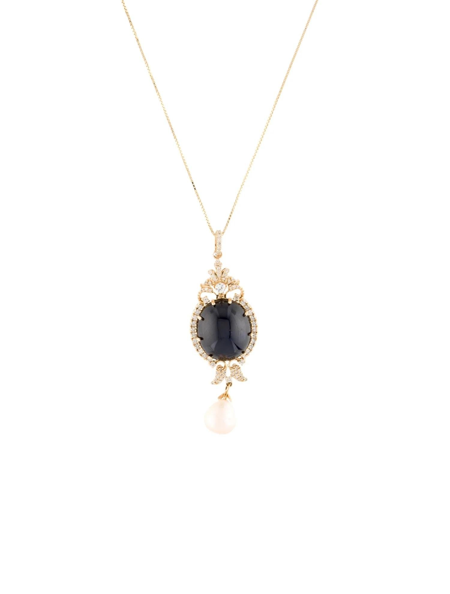 Round Cut 14K Yellow Gold Pearl, Sapphire & Diamond Pendant Necklace, Round Brilliant Sapp For Sale