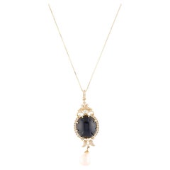 14K Yellow Gold Pearl, Sapphire & Diamond Pendant Necklace, Round Brilliant Sapp