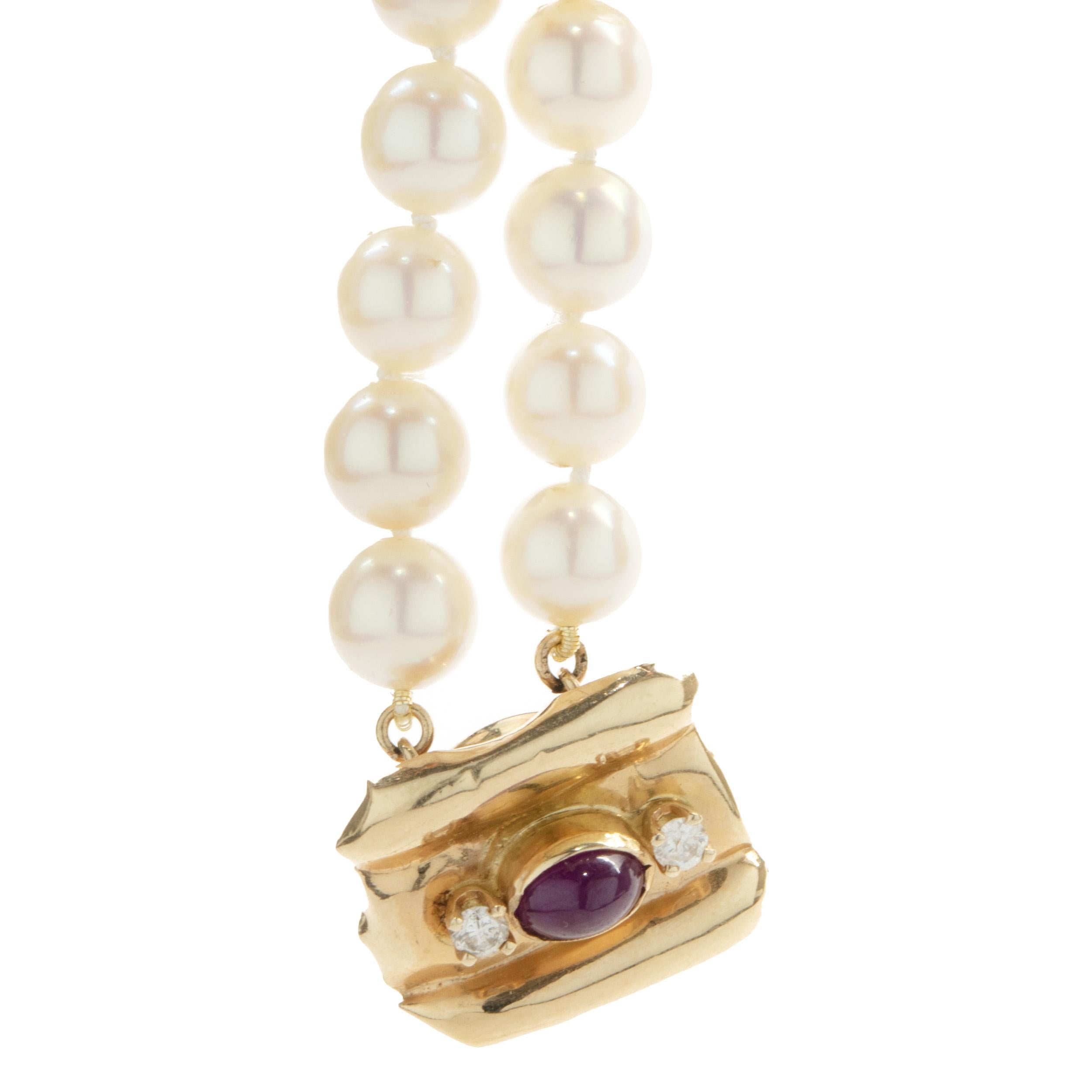 14k Yellow Gold Pearl, Sapphire, Emerald, Ruby, and Diamond Double Row Bracelet In Excellent Condition In Scottsdale, AZ