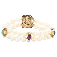 14k Yellow Gold Pearl, Sapphire, Emerald, Ruby, and Diamond Double Row Bracelet