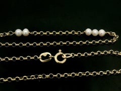 14k Yellow Gold Pearl Station Lariat Drop 16" Rolo Link Chain Necklace