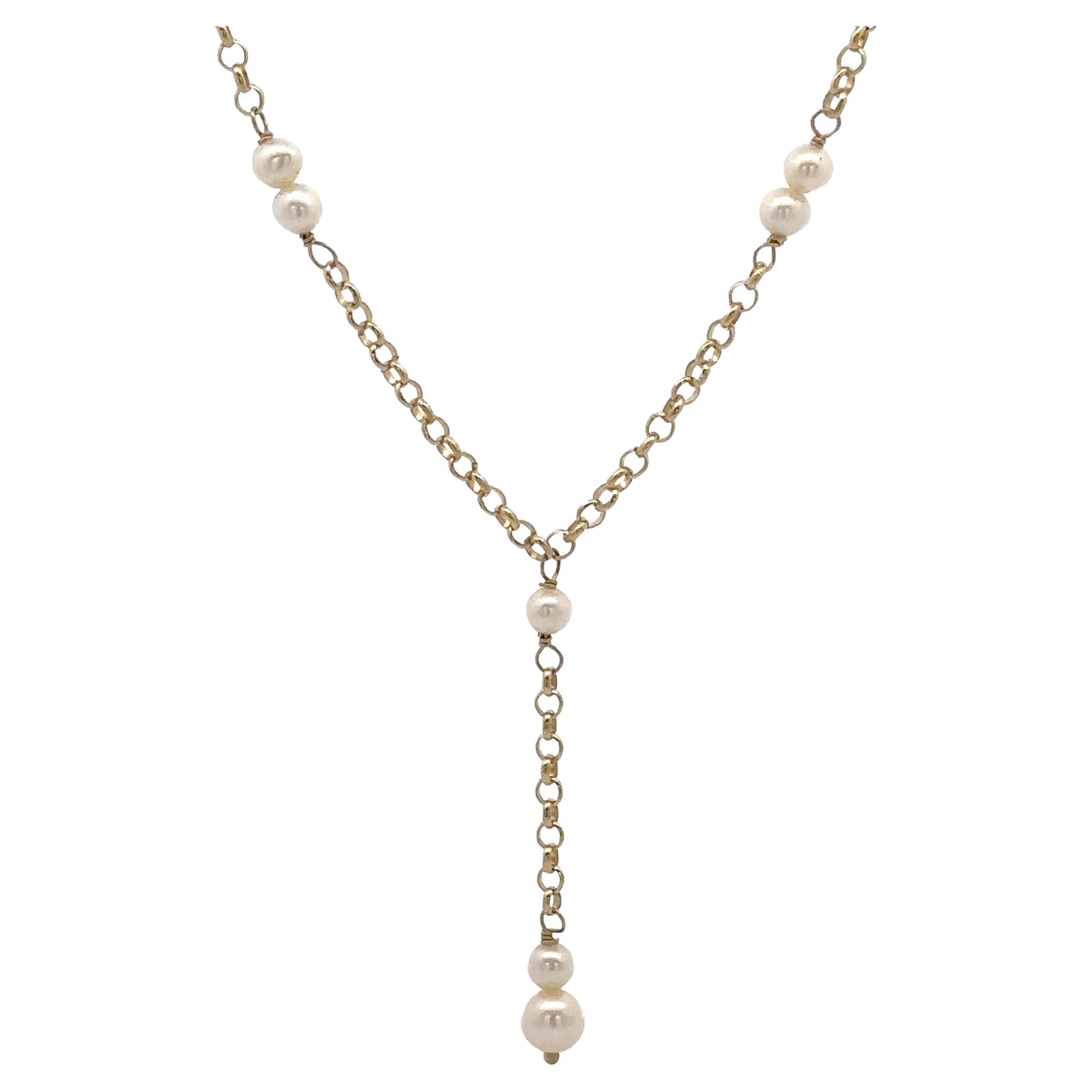 Lariat en or jaune 14k avec perles et pendentifs en chaîne à maillons rolo de 16 pouces