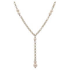 14k Yellow Gold Pearl Station Lariat Drop 16" Rolo Link Chain Necklace
