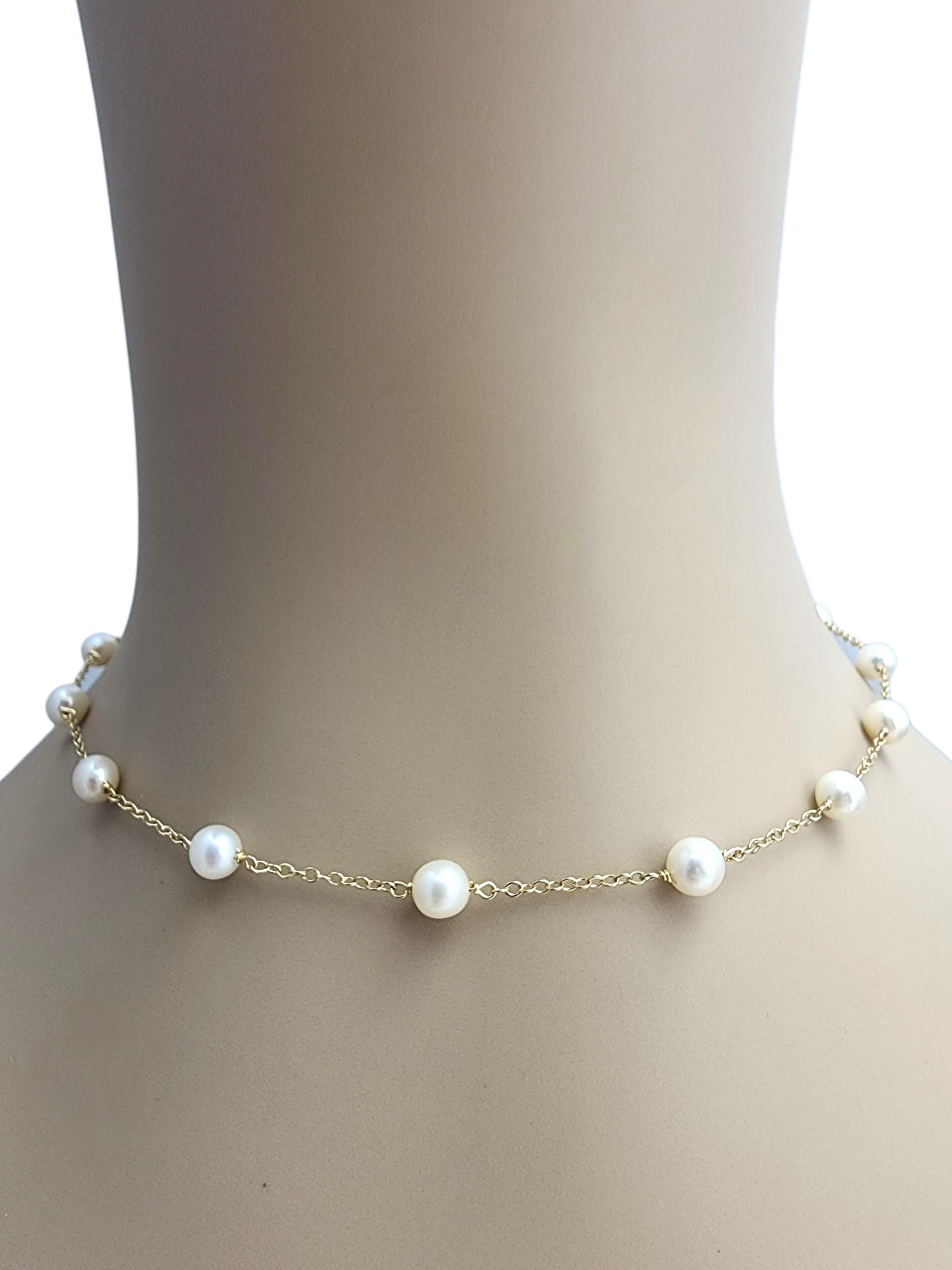14K Yellow Gold Pearl Station Necklace #22876 For Sale
