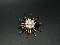 14K Yellow Gold Pearl Sunburst Brooch Pin