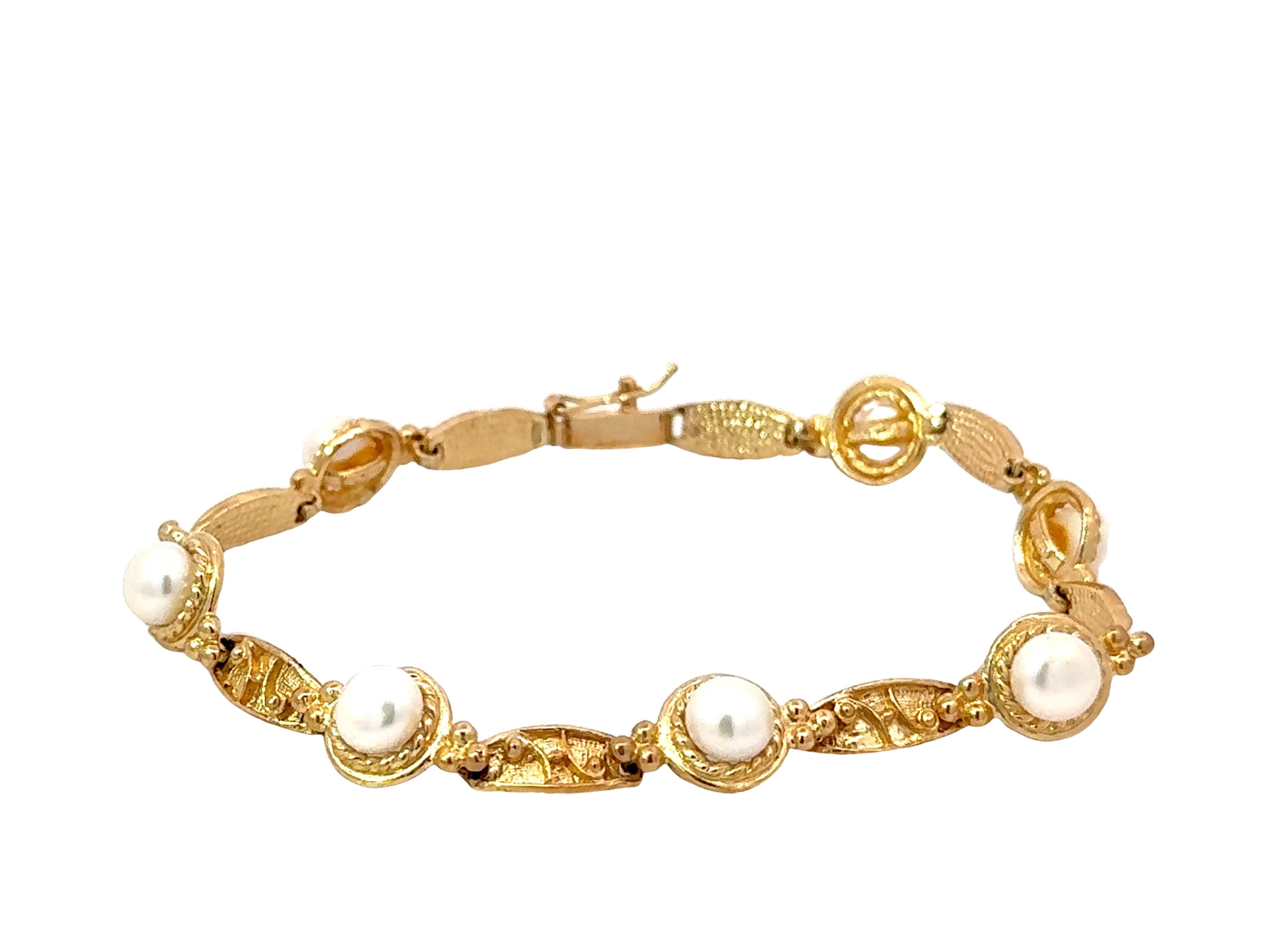 Modern 14k Yellow Gold Pearl Tennis Bracelet For Sale