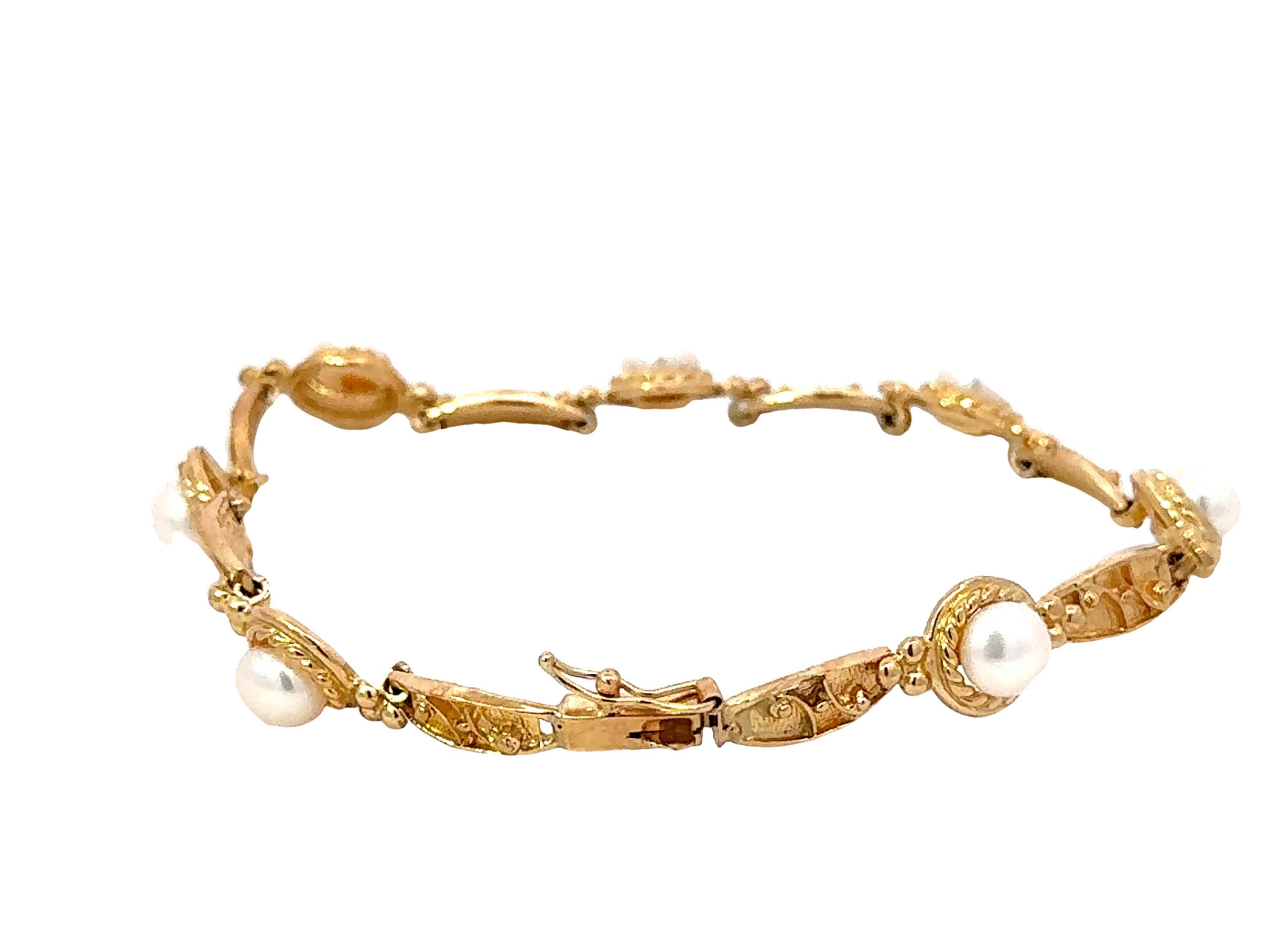 Women's 14k Yellow Gold Pearl Tennis Bracelet For Sale