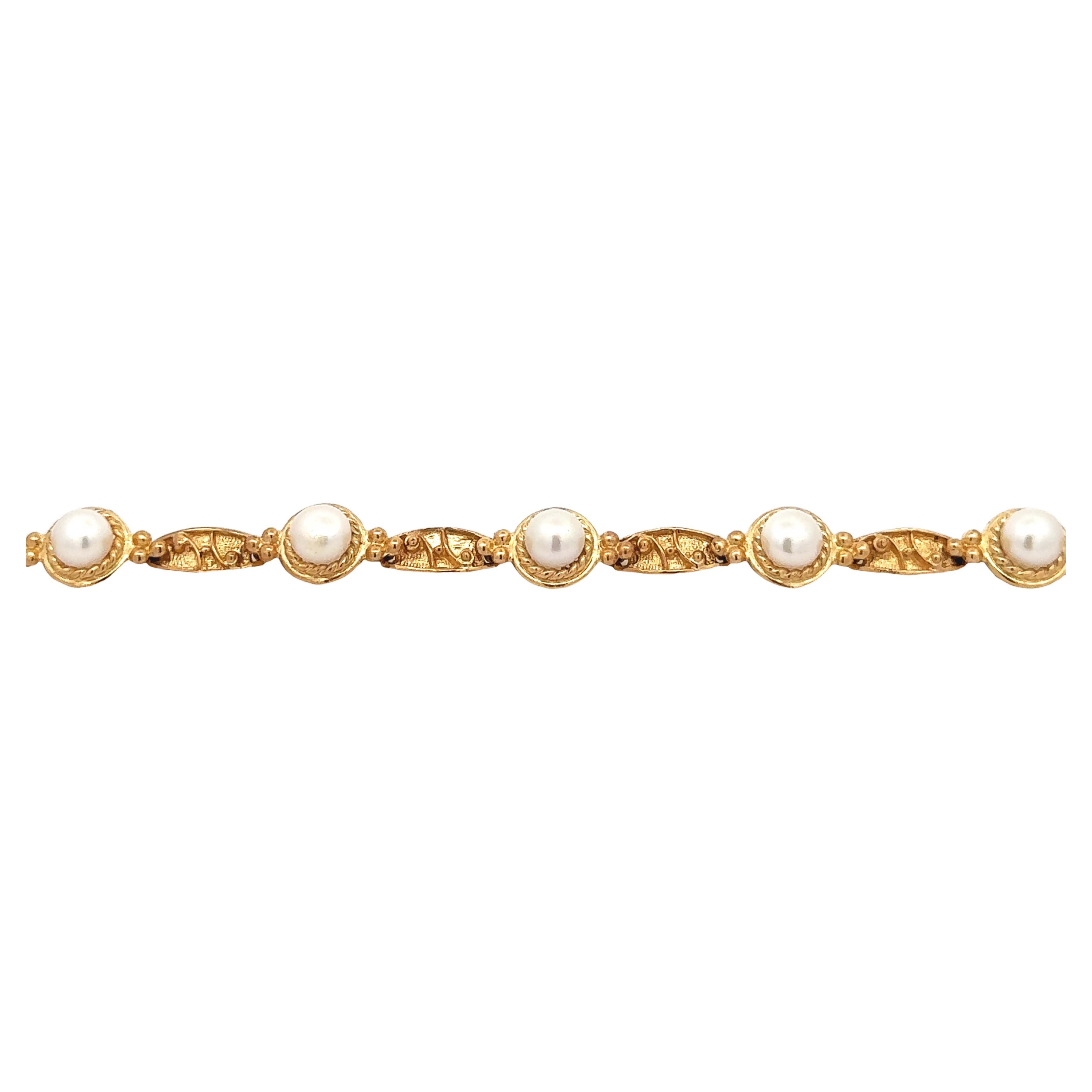 14k Yellow Gold Pearl Tennis Bracelet For Sale