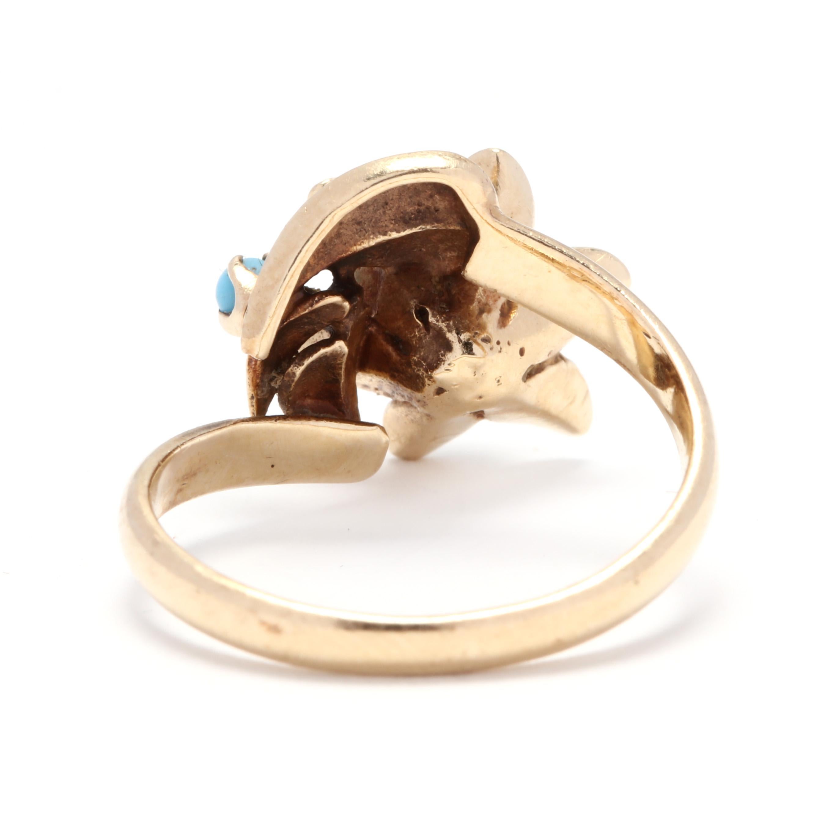 Bead 14 Karat Yellow Gold, Pearl and Turquoise Flower Bypass Ring
