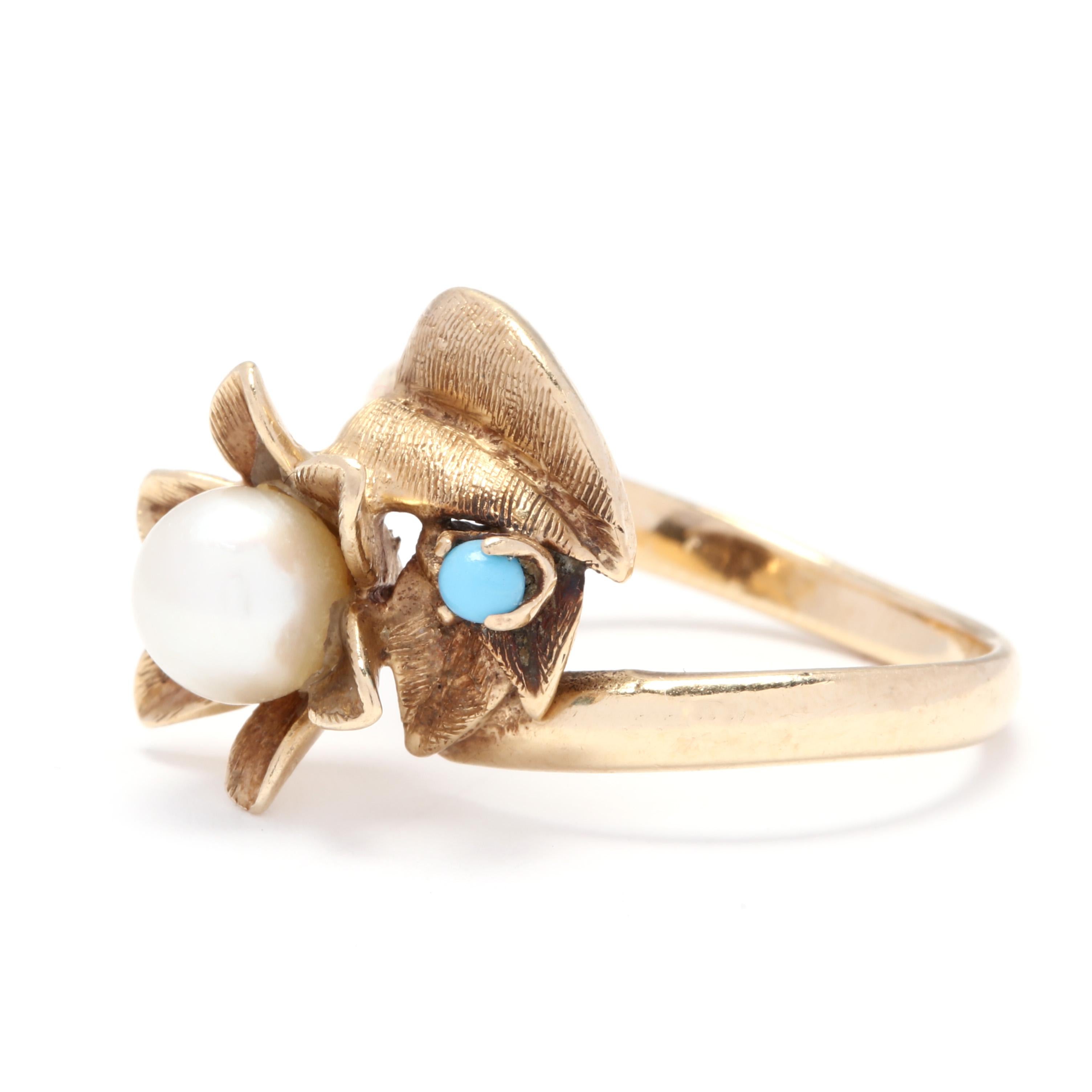 14 Karat Yellow Gold, Pearl and Turquoise Flower Bypass Ring In Good Condition In McLeansville, NC