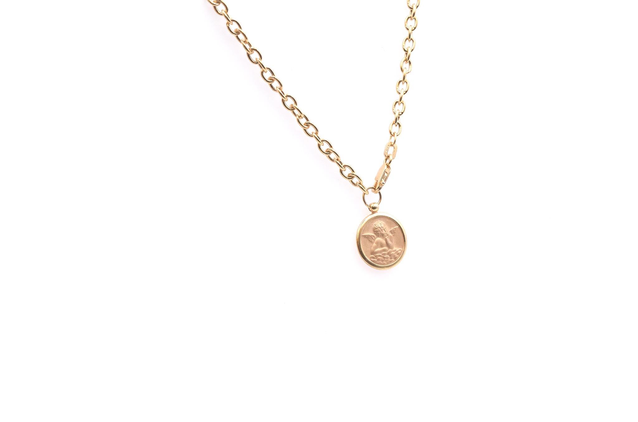 Designer: Custom
Material: 14k yellow gold
Dimensions: necklace measures 16-inches in length, pendant measures 14mm in diameter
Weight: 5.1 grams
