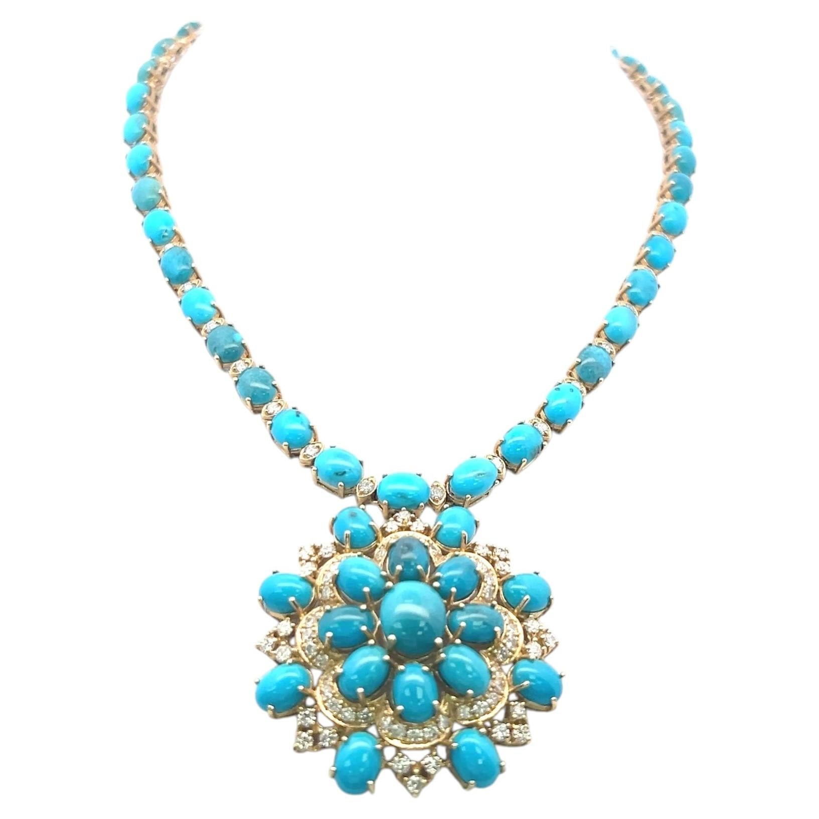Collier avec pendentif en or jaune 14 carats, avec diamants ronds G VS de 5,13 carats et une turquoise de 60,65 carats