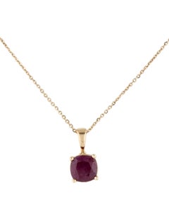 14K Yellow Gold Pendant Necklace with 1.56 Carat Cushion Brilliant Ruby