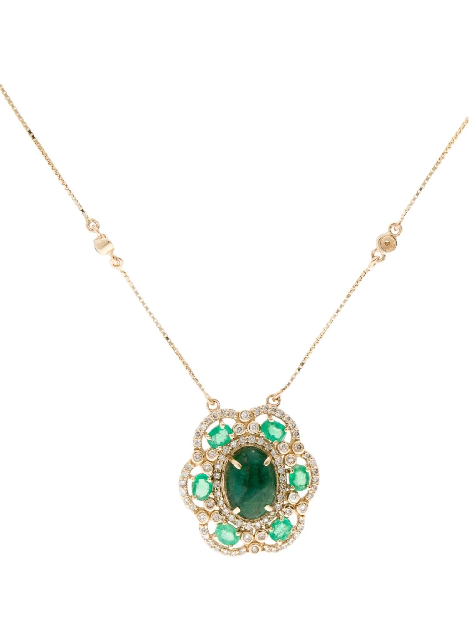 Oval Cut 14K Yellow Gold Pendant Necklace with Oval Emerald, Diamonds, and Sapphire Accen For Sale