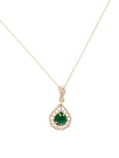 14K Yellow Gold Pendant Necklace with Pear Shaped Emerald & Diamond Accents