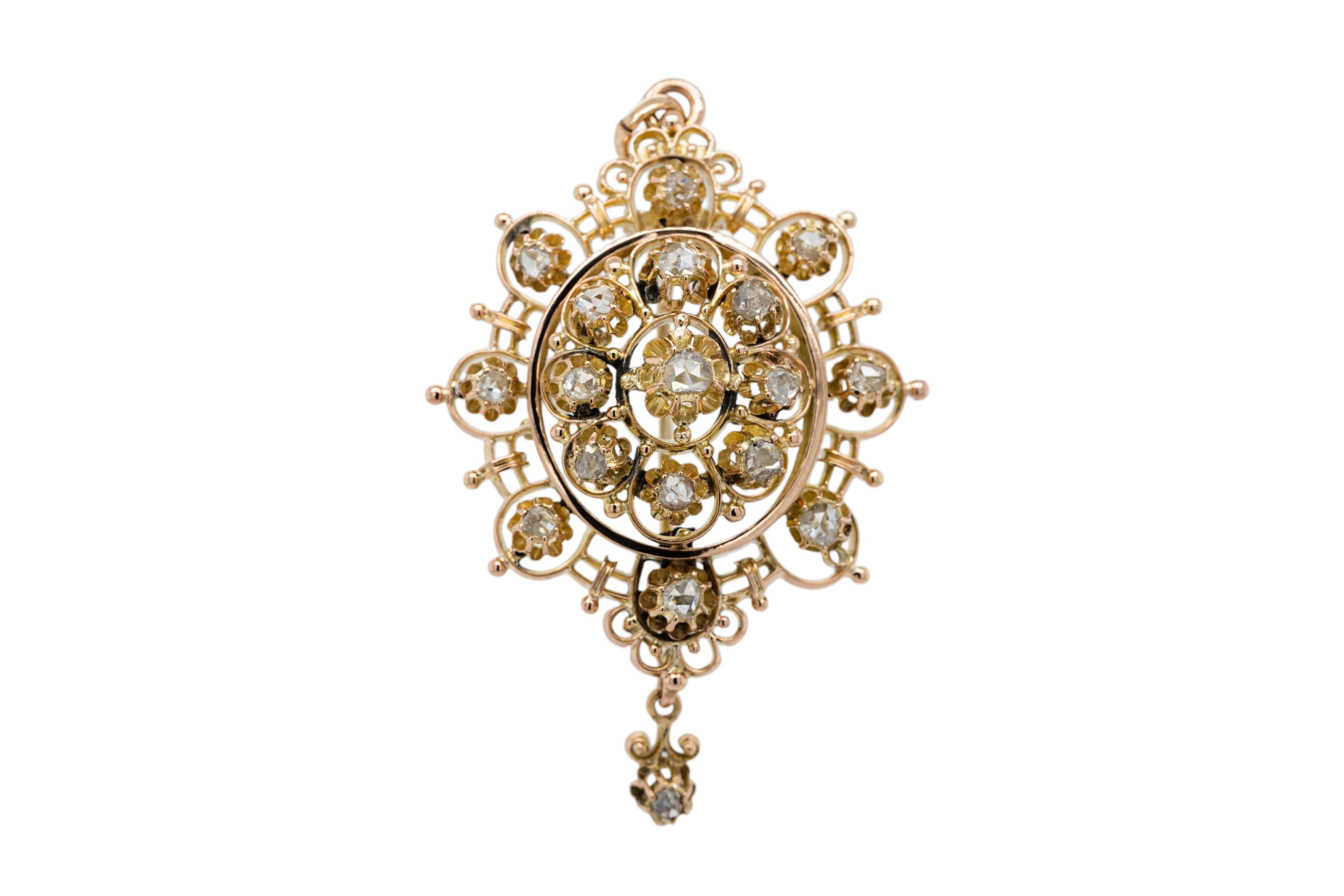 Art Deco 14k Yellow Gold Pendant with Natural Rose Mixed Cut Diamond Necklace For Sale