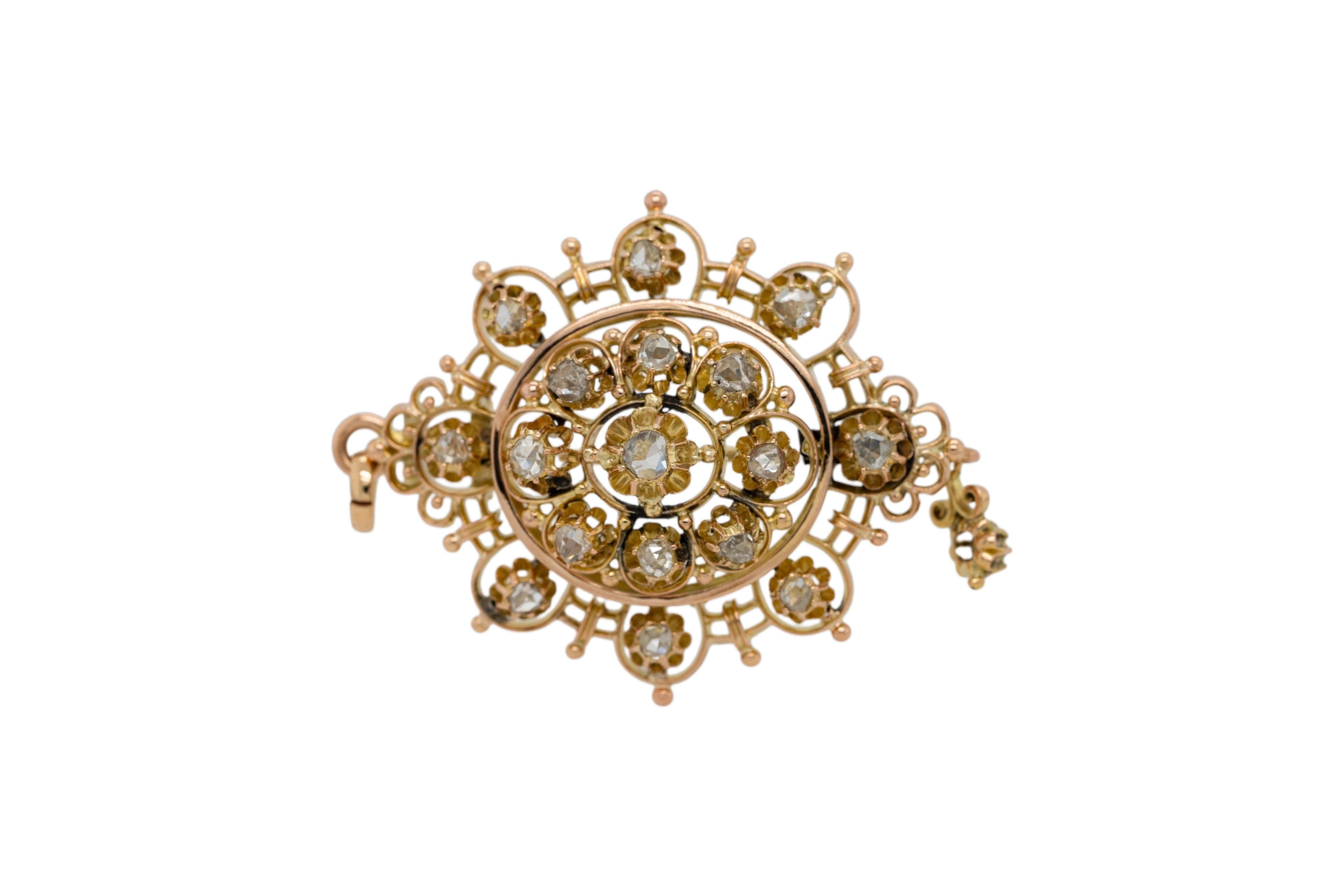 Rose Cut 14k Yellow Gold Pendant with Natural Rose Mixed Cut Diamond Necklace For Sale