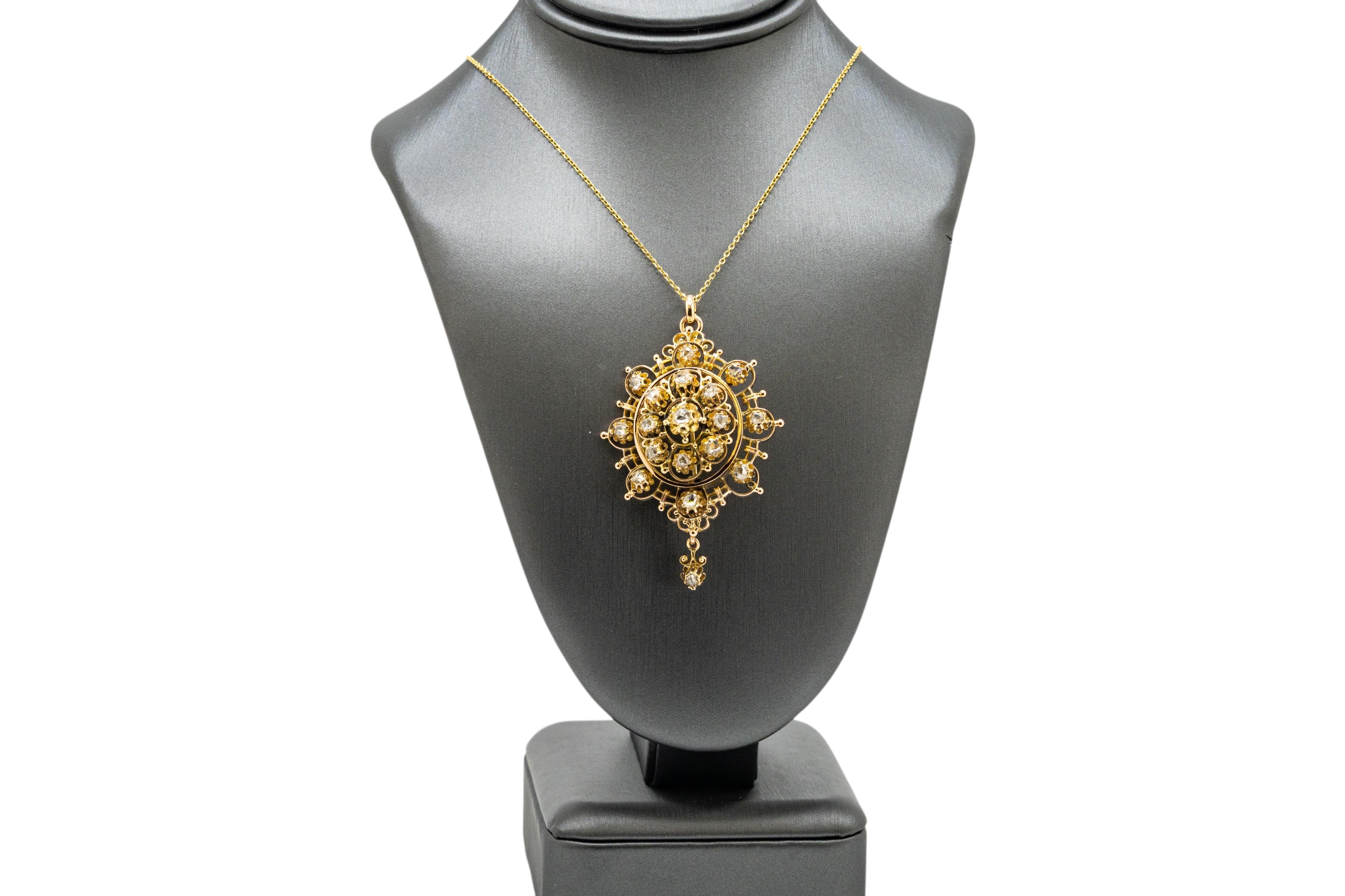 Women's or Men's 14k Yellow Gold Pendant with Natural Rose Mixed Cut Diamond Necklace For Sale