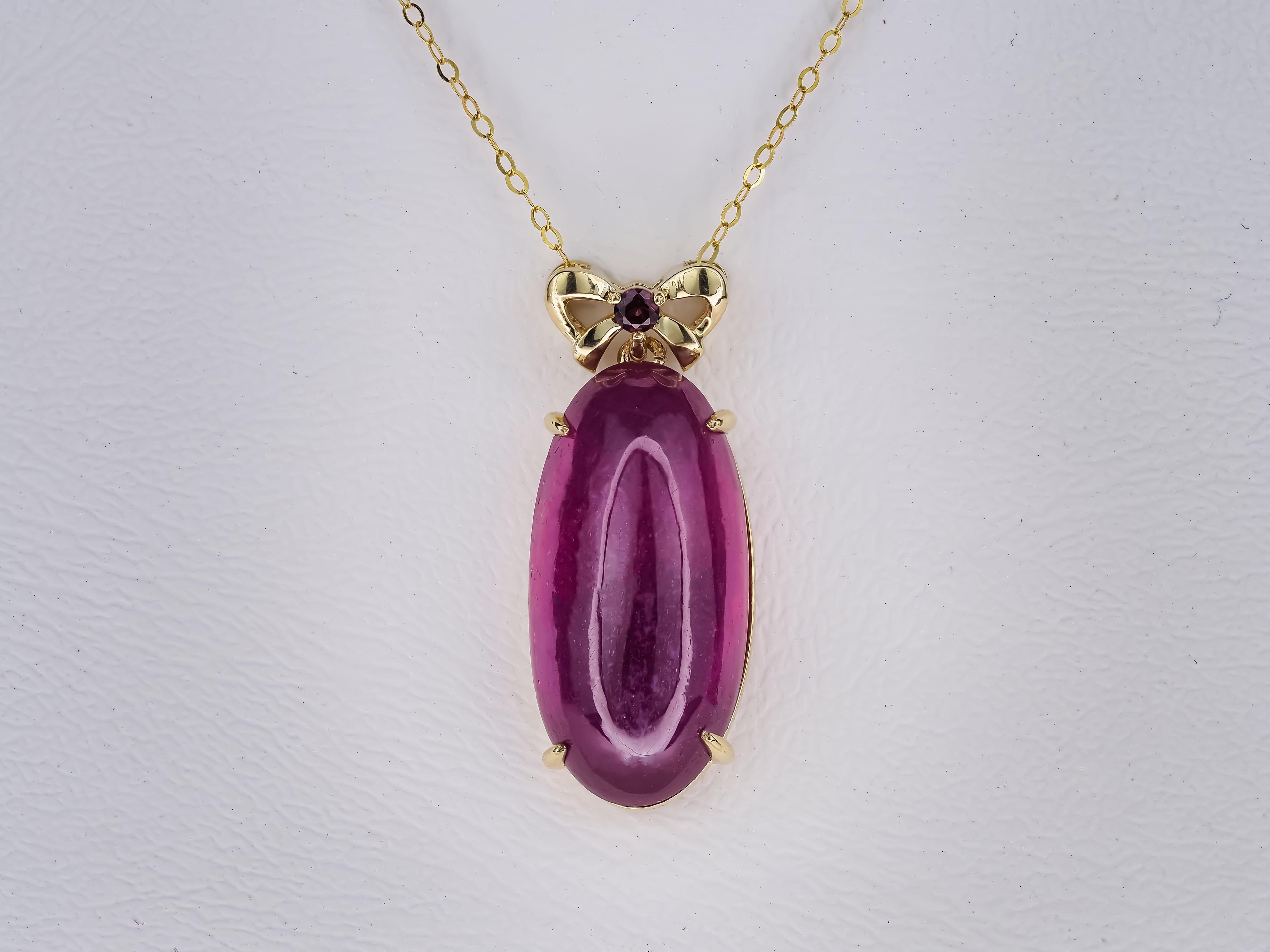 Women's 14k Yellow Gold Pendant with Oval Cabochon Ruby and Pink Sapphire For Sale