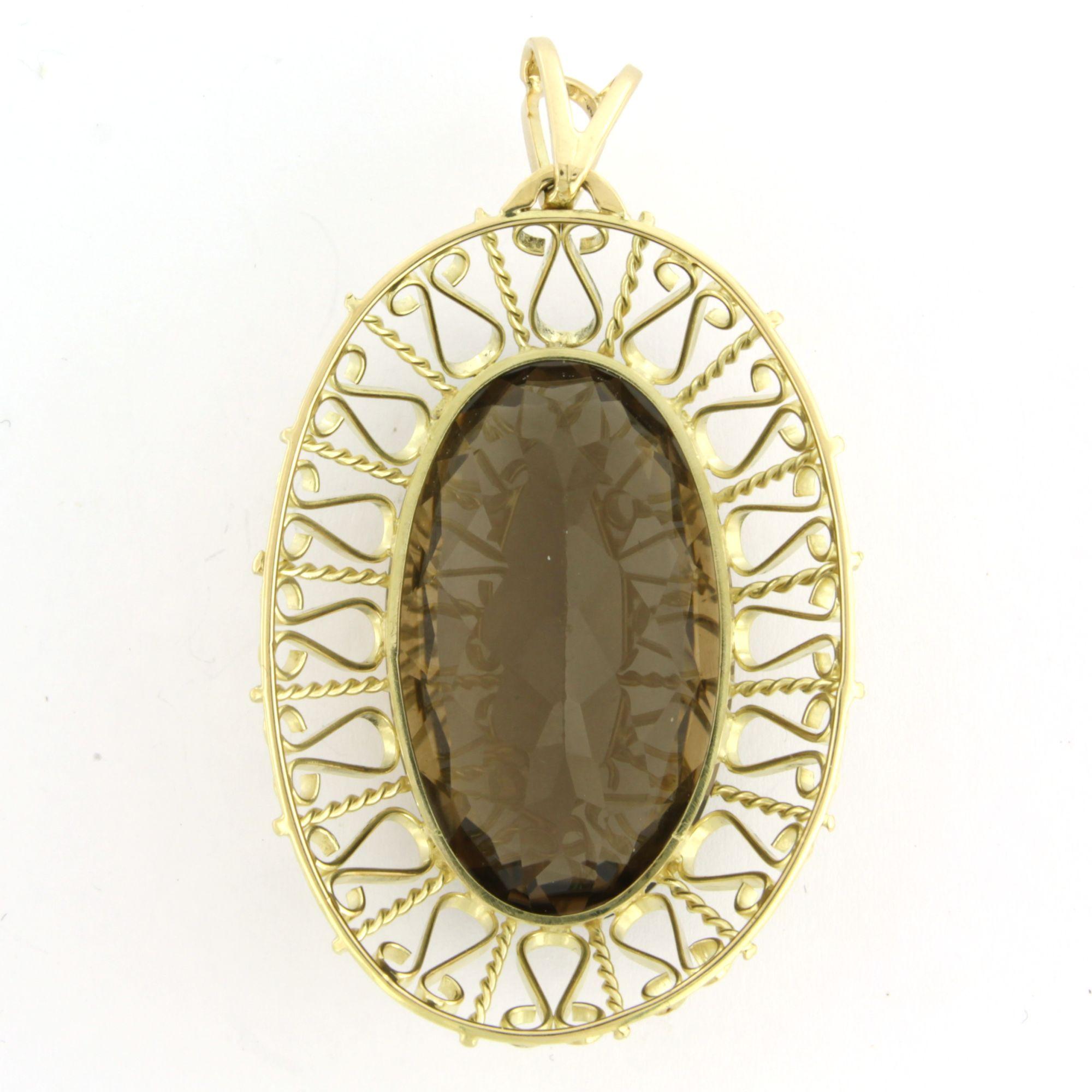 Oval Cut 14k yellow gold pendant with smoky quartz, up to 60.00ct 21.3 grams For Sale