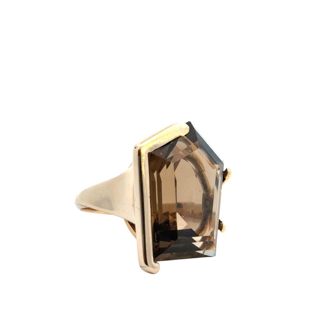 Pentagon-förmiger Vintage-Edelsteinring aus 14 Karat Gelbgold mit Rauchquarz (Gemischter Schliff) im Angebot