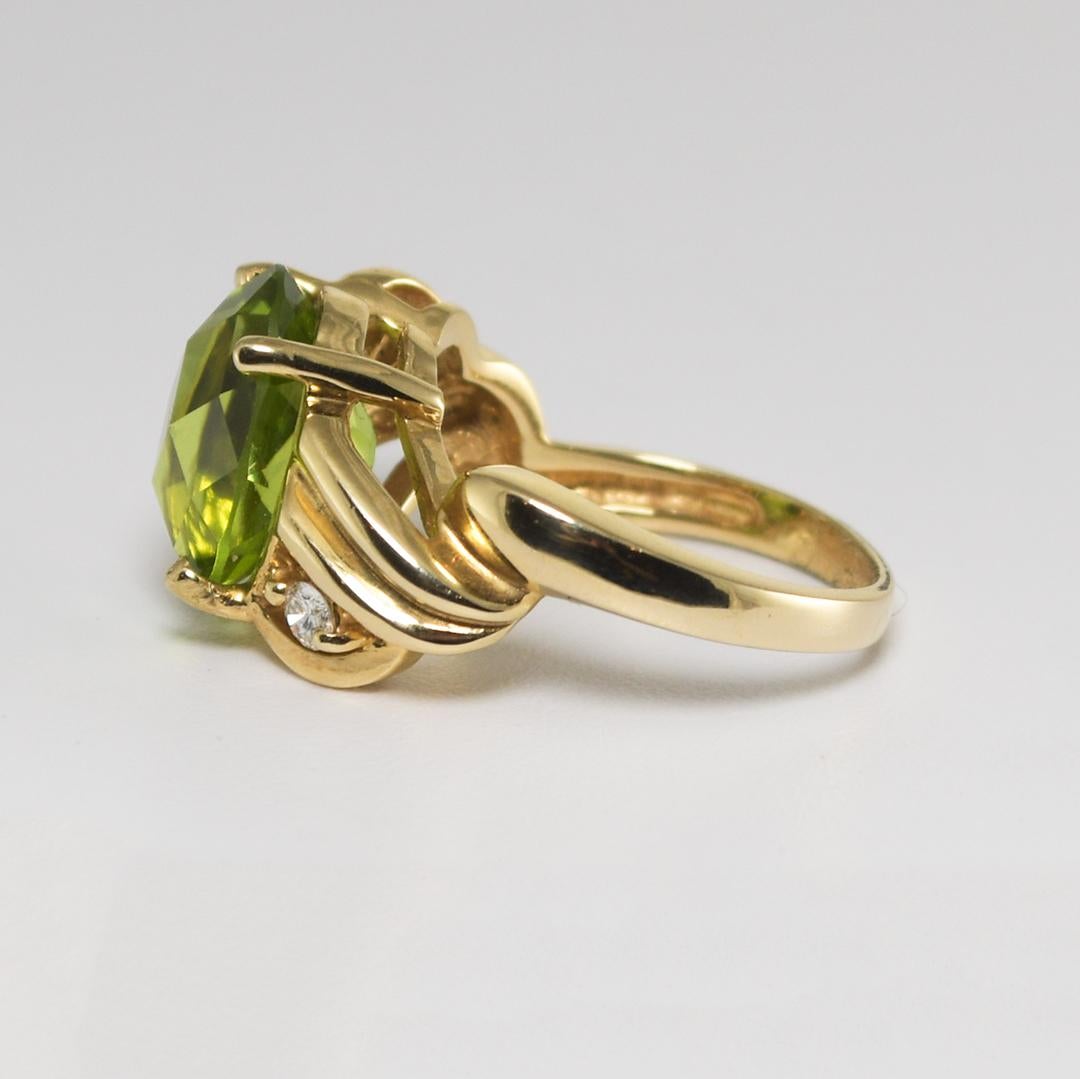 Women's or Men's 14K Yellow Gold Peridot and Diamond Ring For Sale