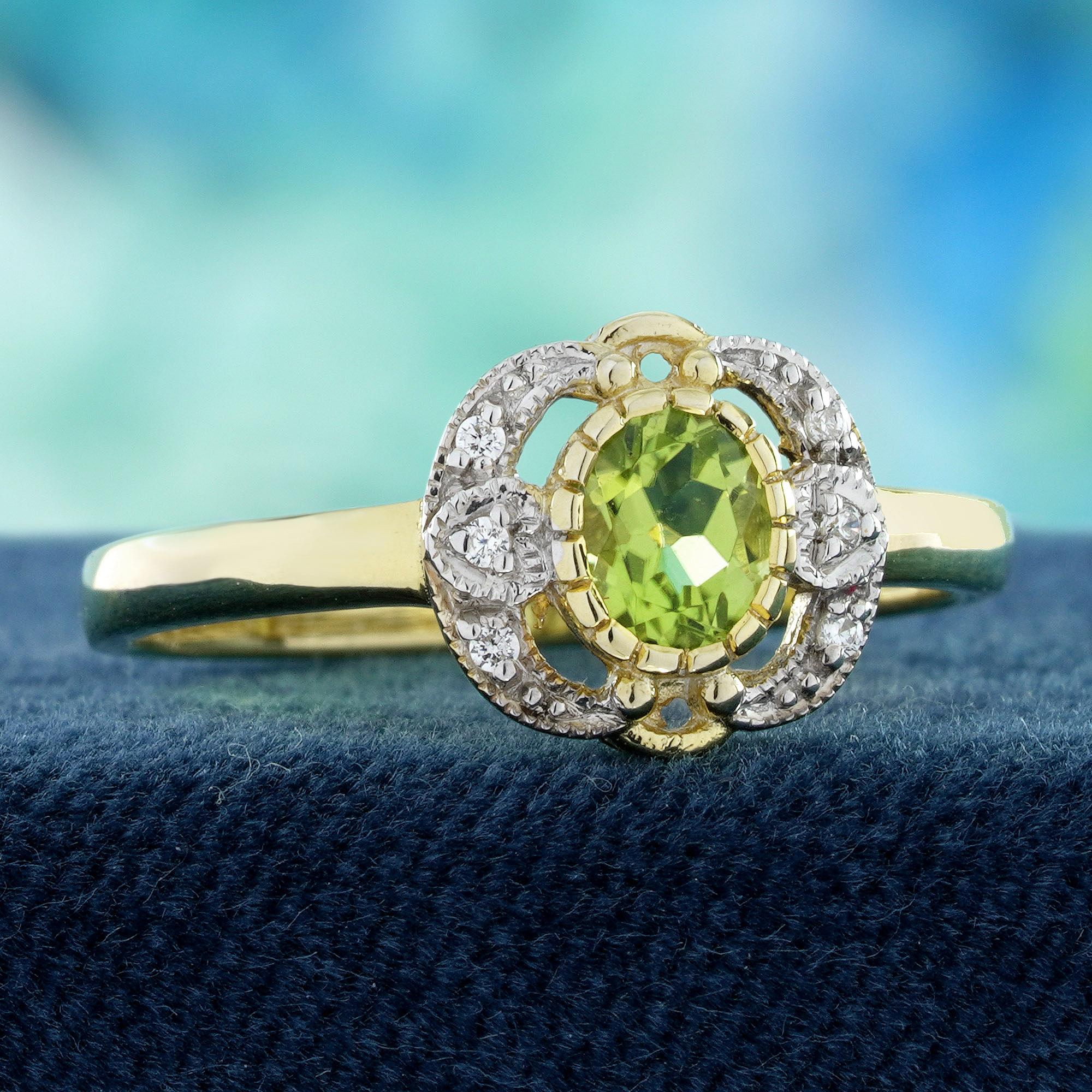 Edoardiano Anello in oro giallo 14K con peridoto e diamanti in stile vintage in vendita