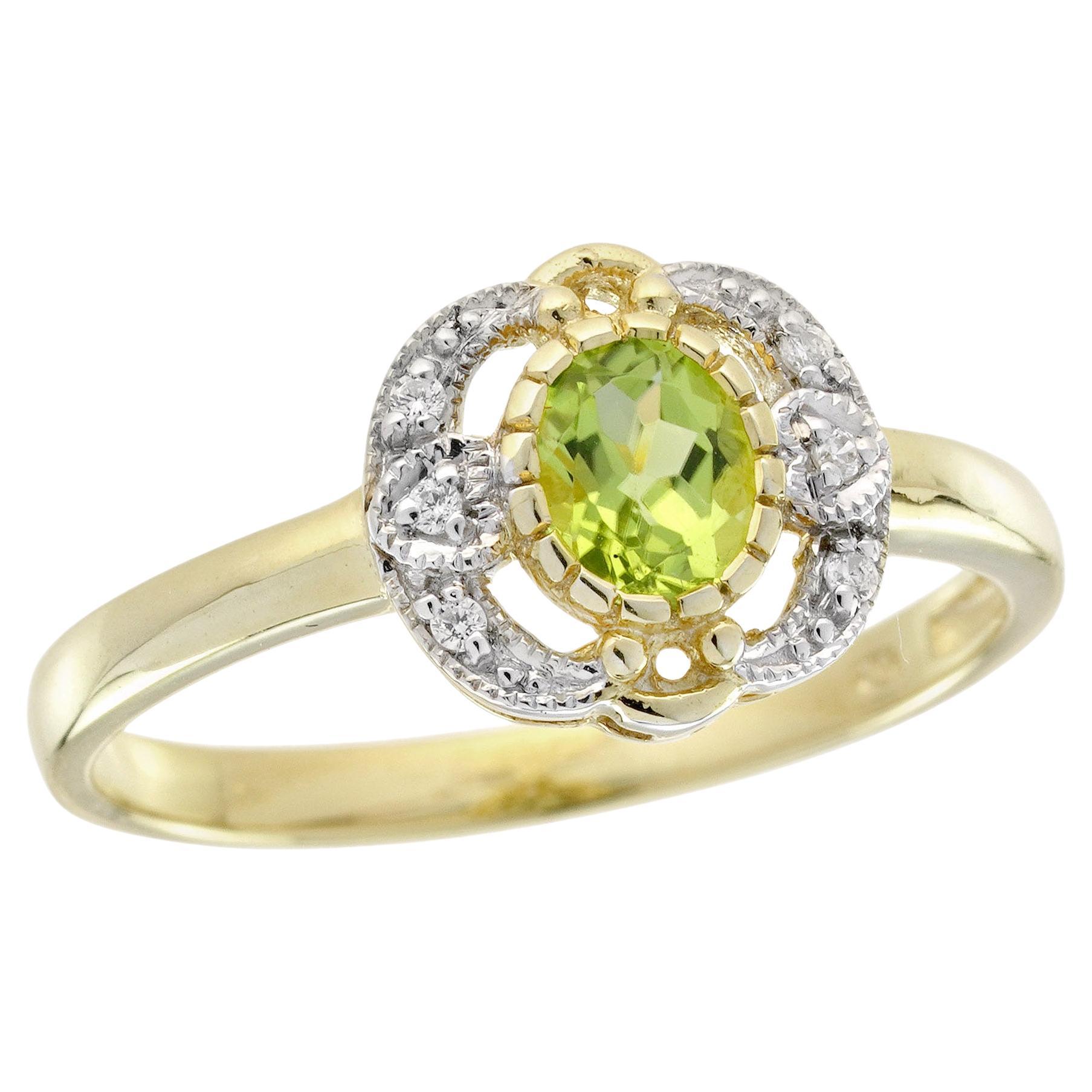 14K Yellow Gold Peridot and Diamond Vintage Style Ring