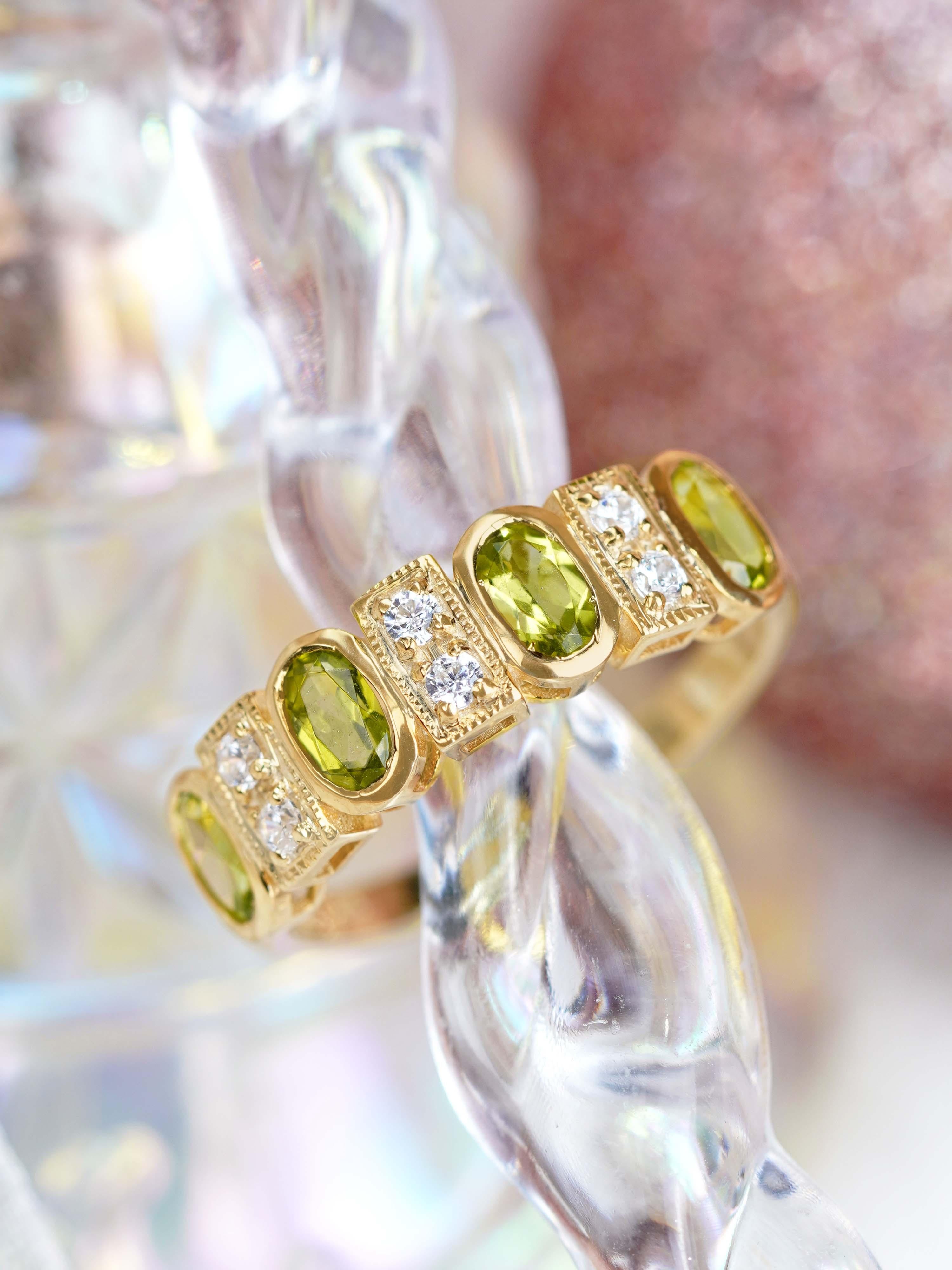 Anello in oro giallo 14K con peridoto e Dimond in stile vintage in vendita 1