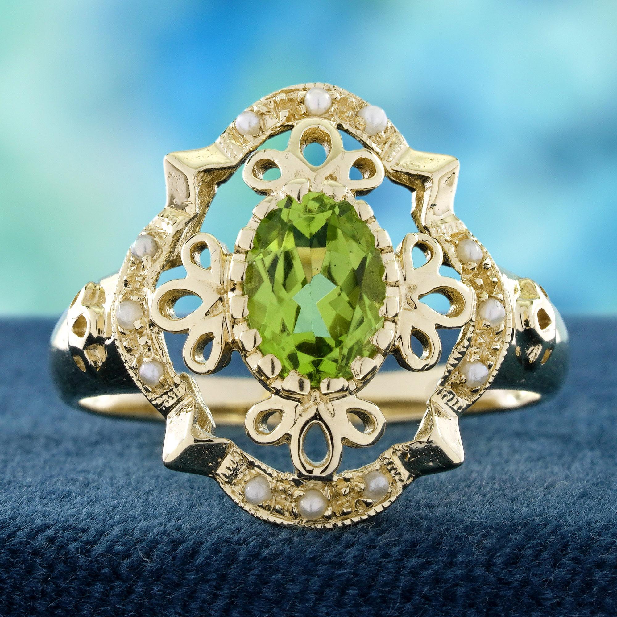 A bright peridot sparkles at the center of this vintage-style floral ring, held elegantly in a classic prong setting. Soft pearls are nestled around it, echoing the gentle curves of petals in a delicate garden-inspired design. Intricate metalwork