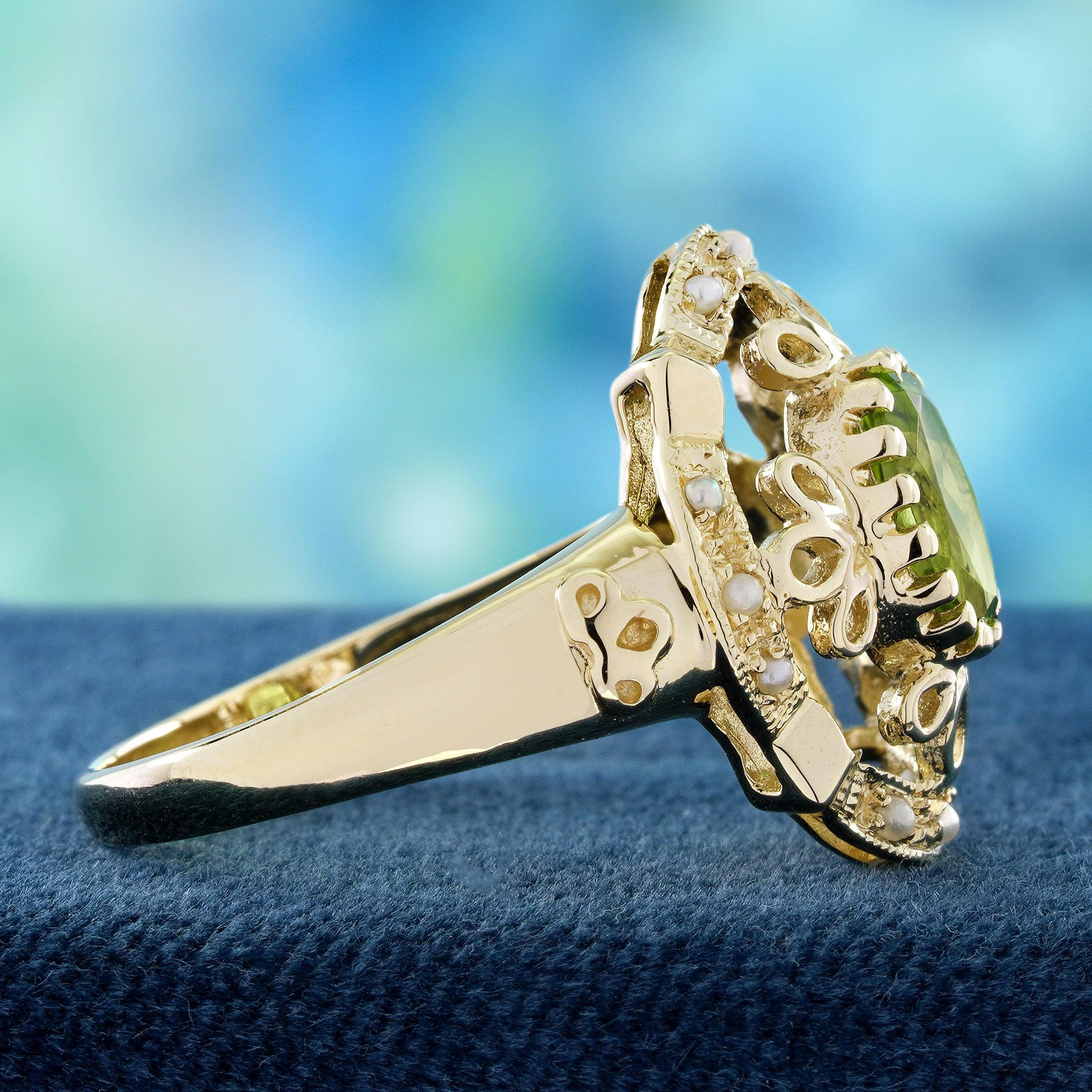 Oval Cut 14K Yellow Gold Peridot and Pearl Vintage Style Floral Filigree Ring For Sale