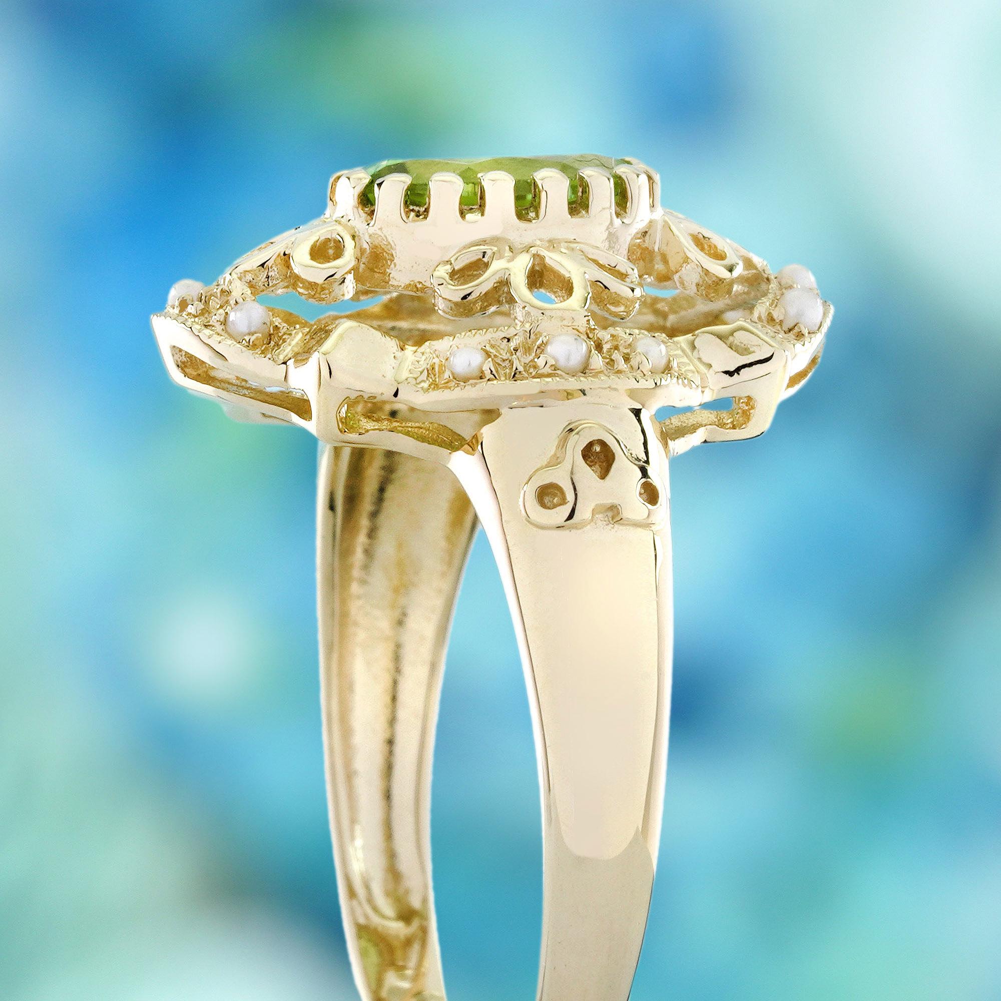 Women's 14K Yellow Gold Peridot and Pearl Vintage Style Floral Filigree Ring For Sale