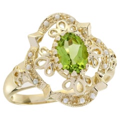14K Yellow Gold Peridot and Pearl Vintage Style Floral Filigree Ring