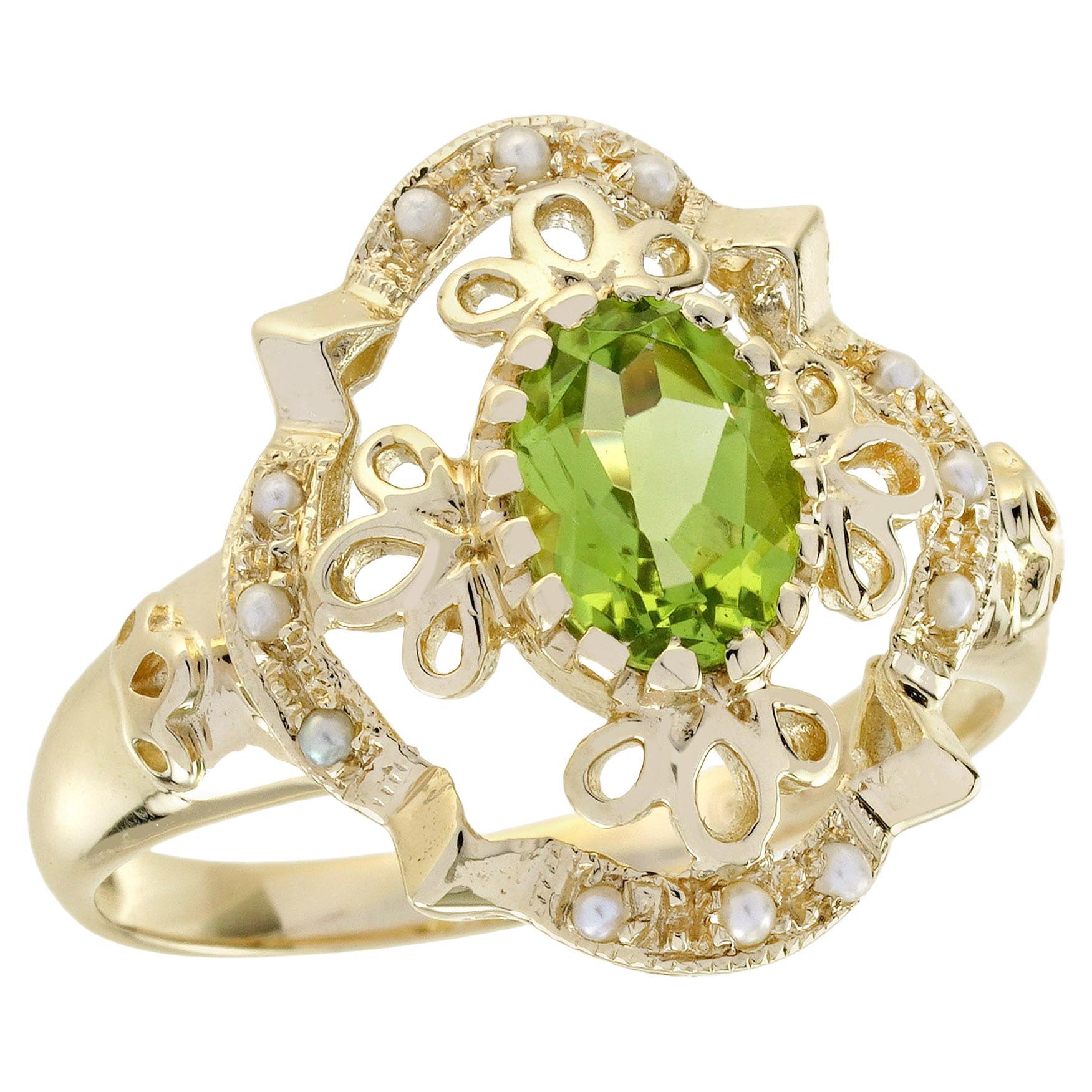 14K Yellow Gold Peridot and Pearl Vintage Style Floral Filigree Ring For Sale