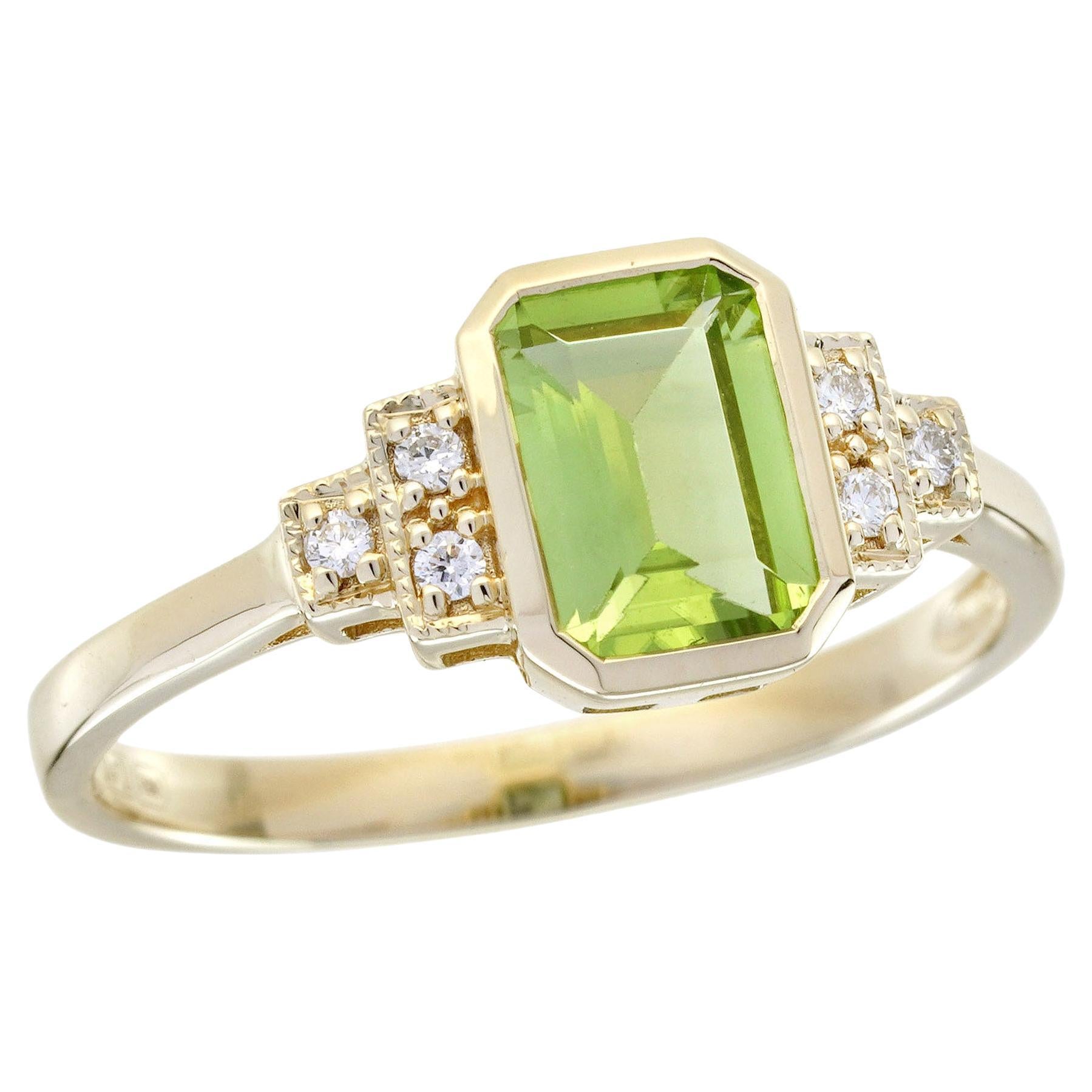 14K Yellow Gold Peridot and White Sapphire Vintage Style Engagement Ring