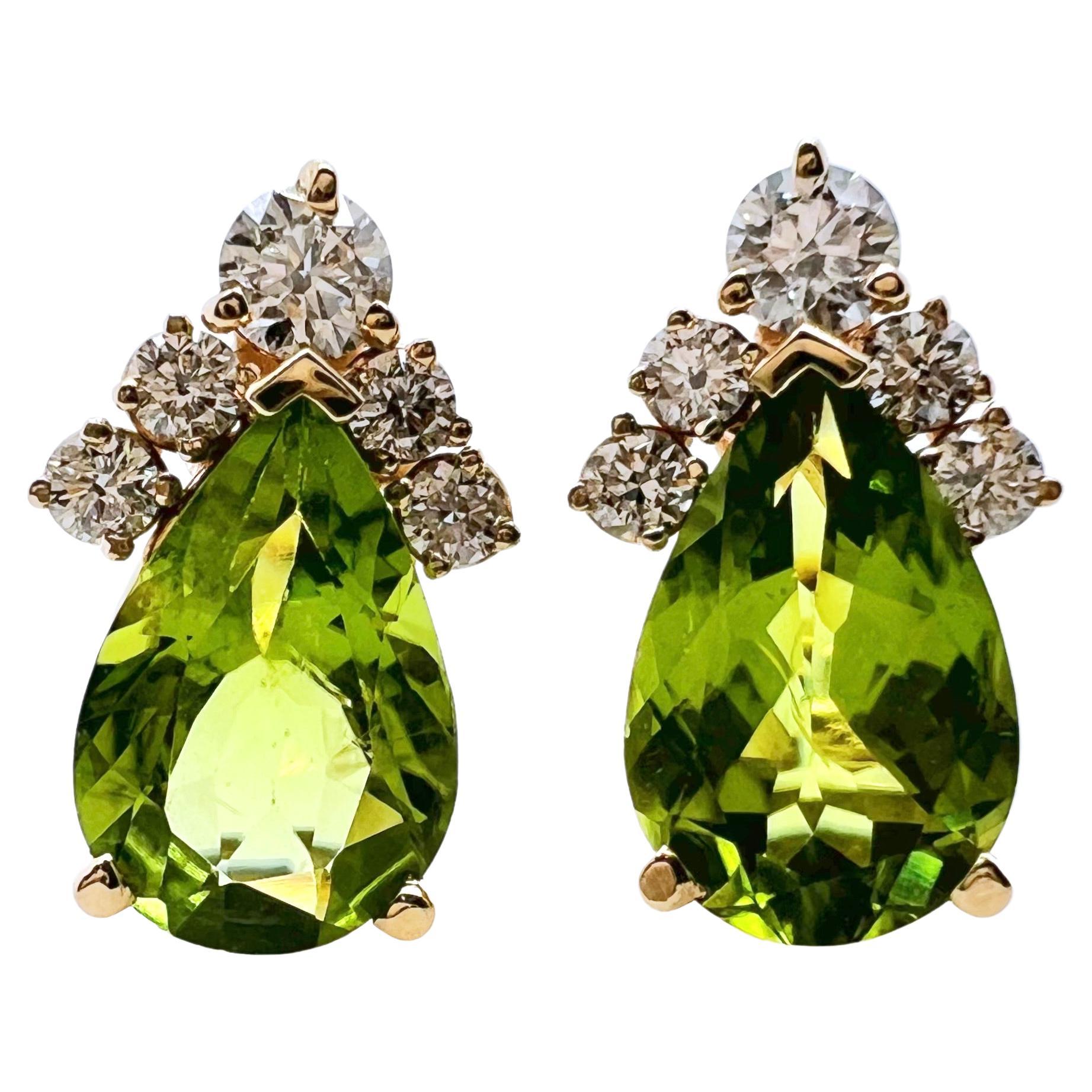 14k Yellow Gold Peridot Earrings with Round Brilliant Diamonds For Sale