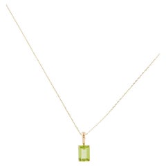 14K Yellow Gold Peridot Pendant Necklace  0.74 Carat Cut Cornered Rectangular S