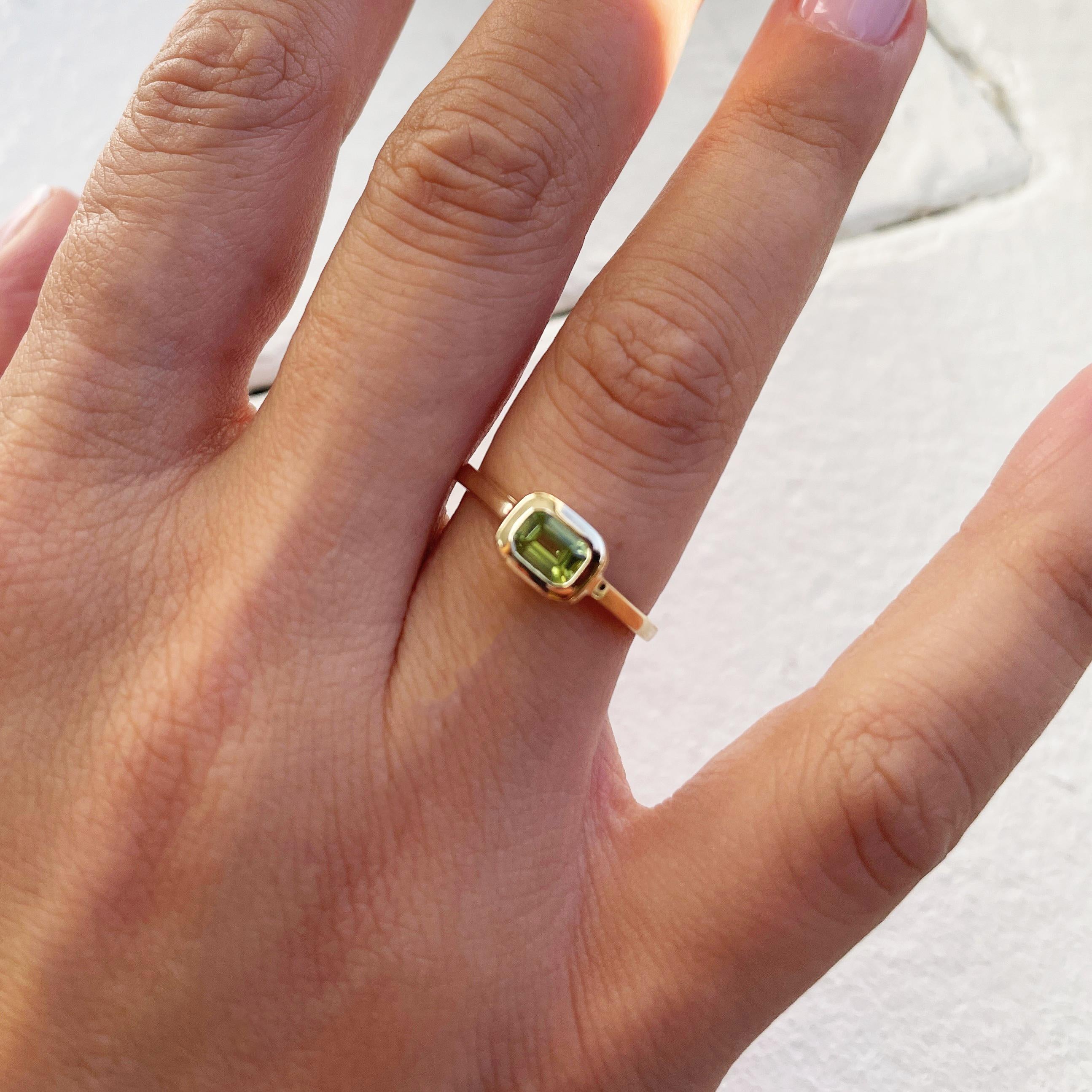 Charming Design - This stackable ring features a 14k gold band, and a emerald cut shaped gorgeous Peridot approximately 0.50cts, available in  white, yellow and rose gold
 Measurements for ring size: The finger Size of this sapphire ring is 6.5 and