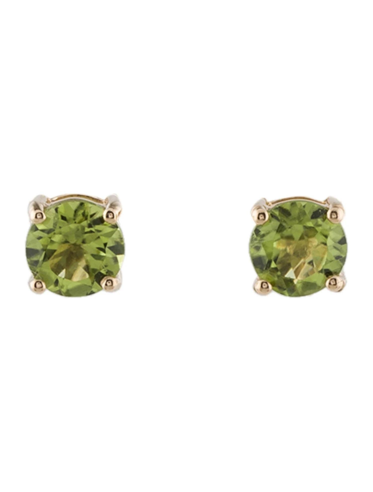 Round Cut 14K Yellow Gold Peridot Stud Earrings Featuring 1.73 Carat Round Brilliant-Cut