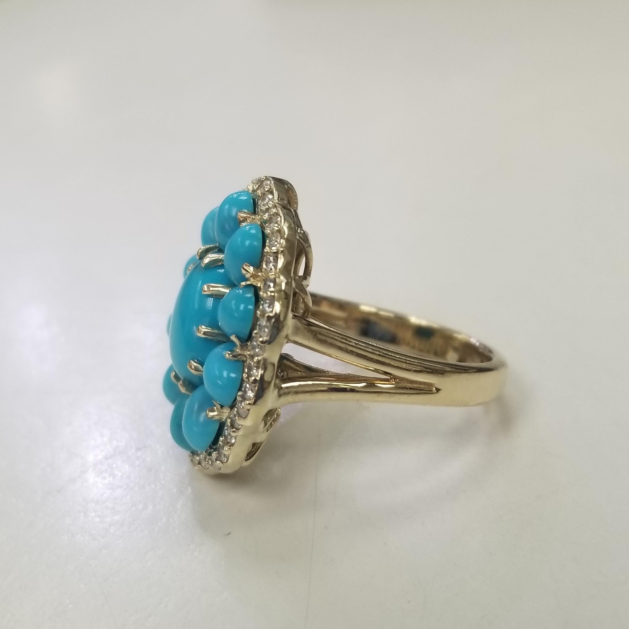 *Motivated to Sell – Please make a Fair Offer*
Specifications:
    main stone: 11 Persian Turquoise oval
    DIAMONDS: 40 round diamonds .35pts.
    color:GH
    clarity:VS2-SI1
    brand:-  metal:14K GOLD
    type: ring
    weight:9.8GrS
    size:6
