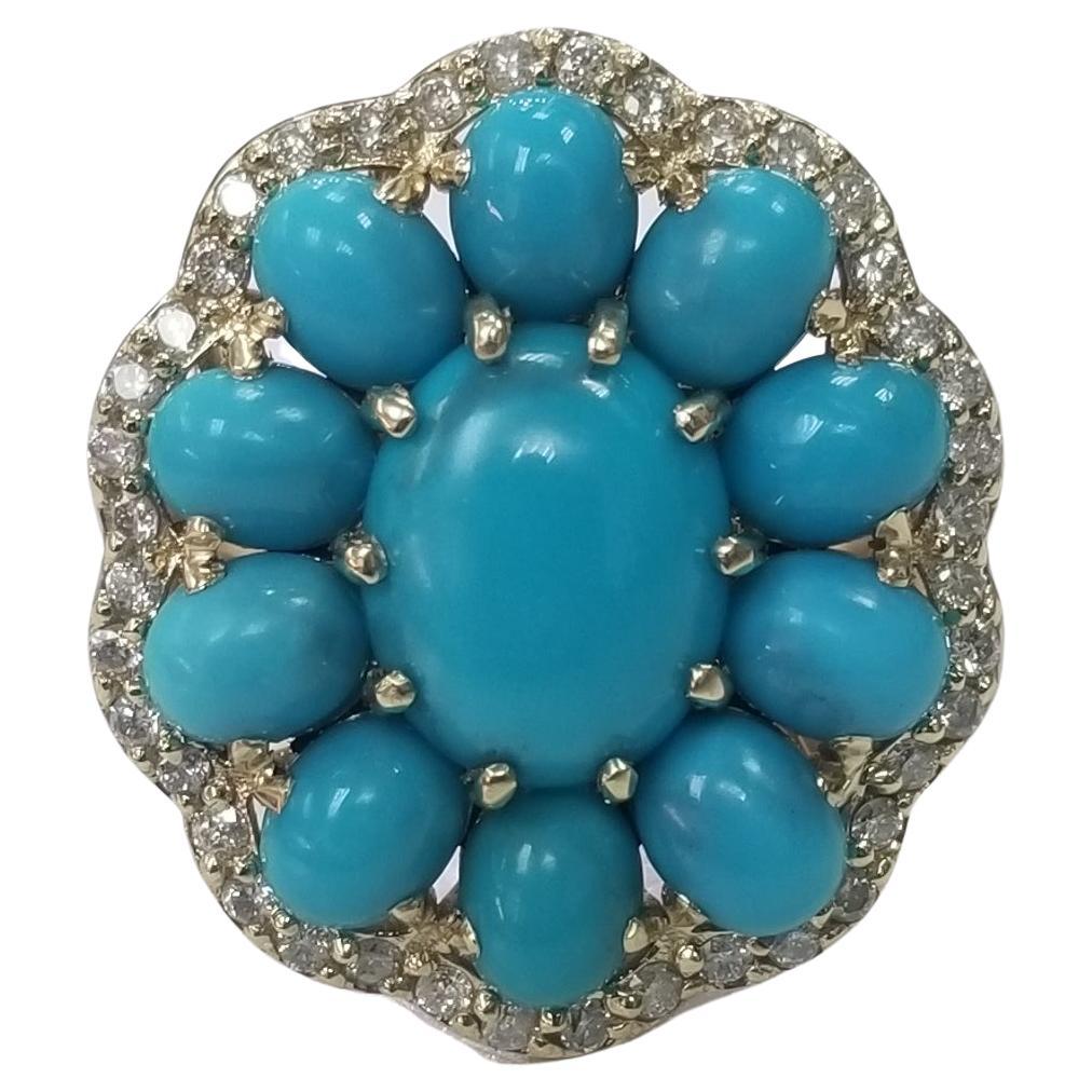 14k Yellow Gold "Persian" Turquoise and e Diamond Halo Ring For Sale