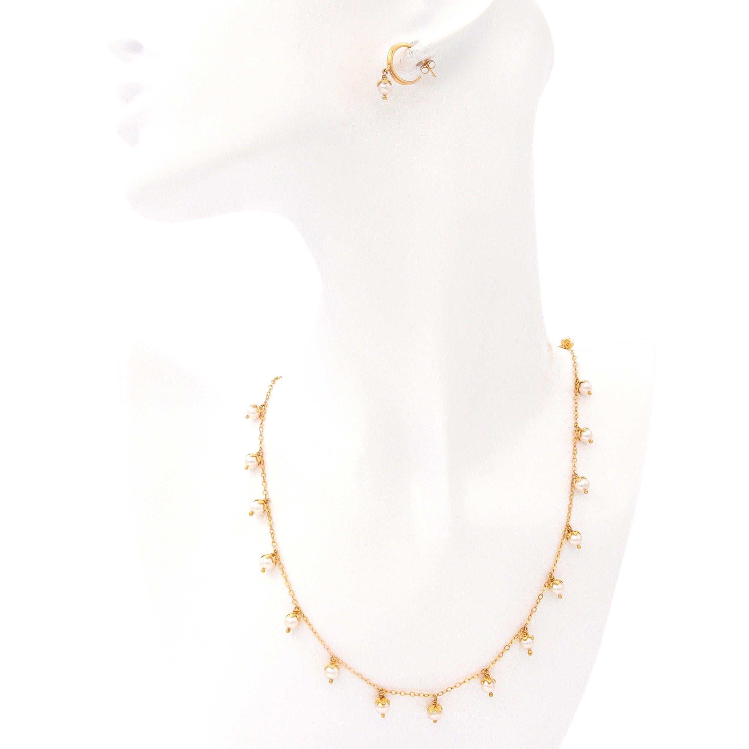 Perlina Collana e orecchini in oro giallo 14k con perle a forma di petalo in vendita