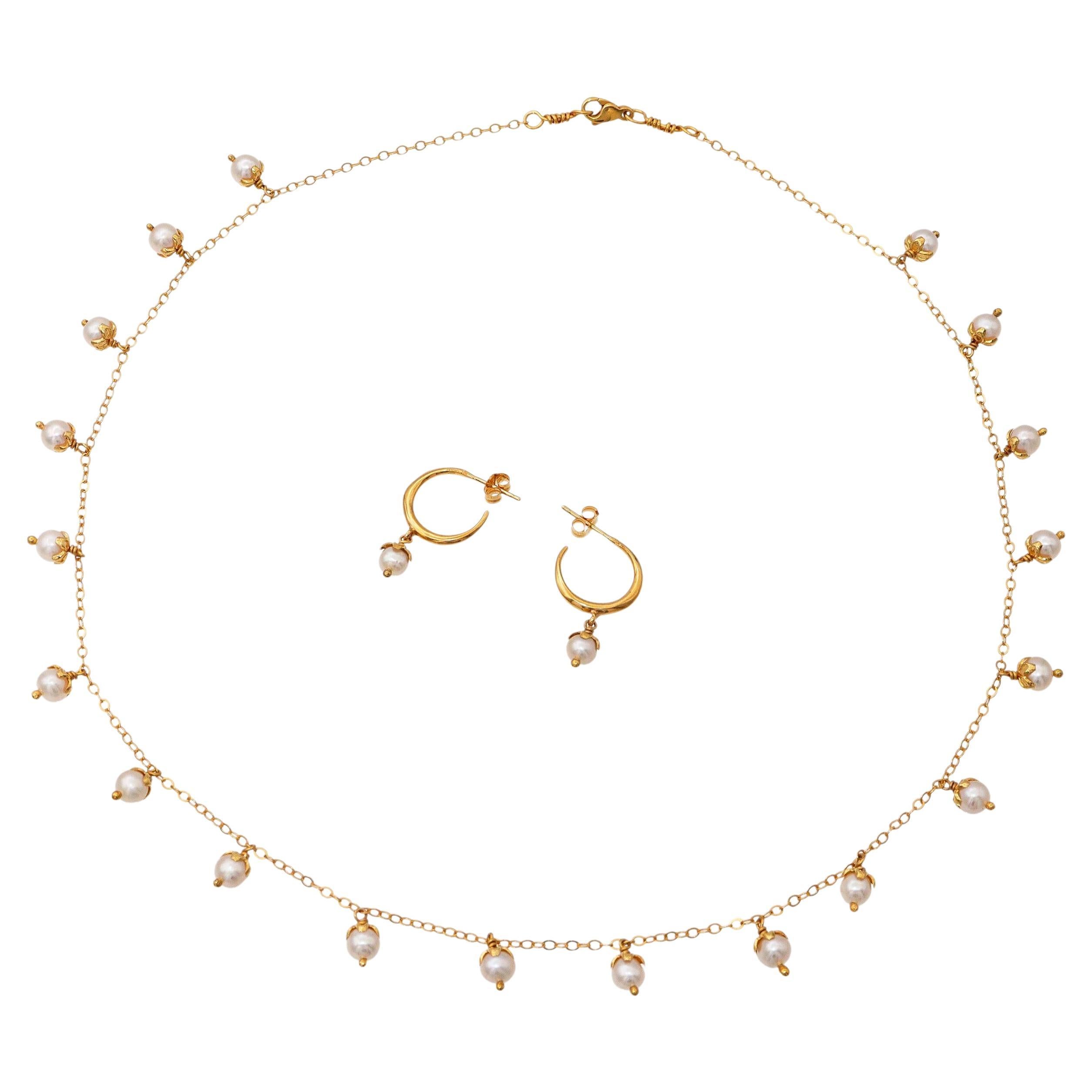Collana e orecchini in oro giallo 14k con perle a forma di petalo in vendita