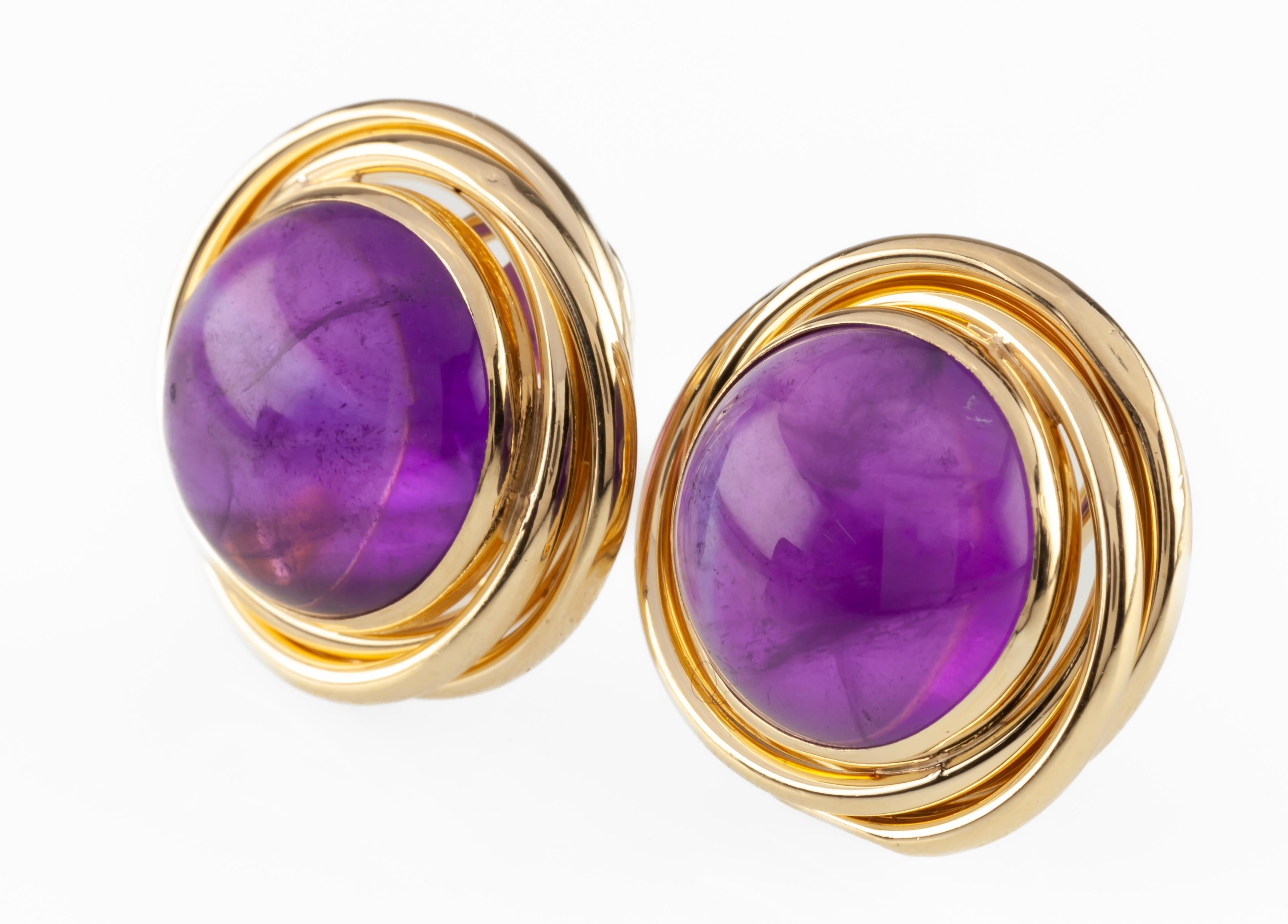 Modernist 14k Yellow Gold Peter Brams 2 Carat Amethyst Cabochon Clip-On Earrings Gorgeous For Sale