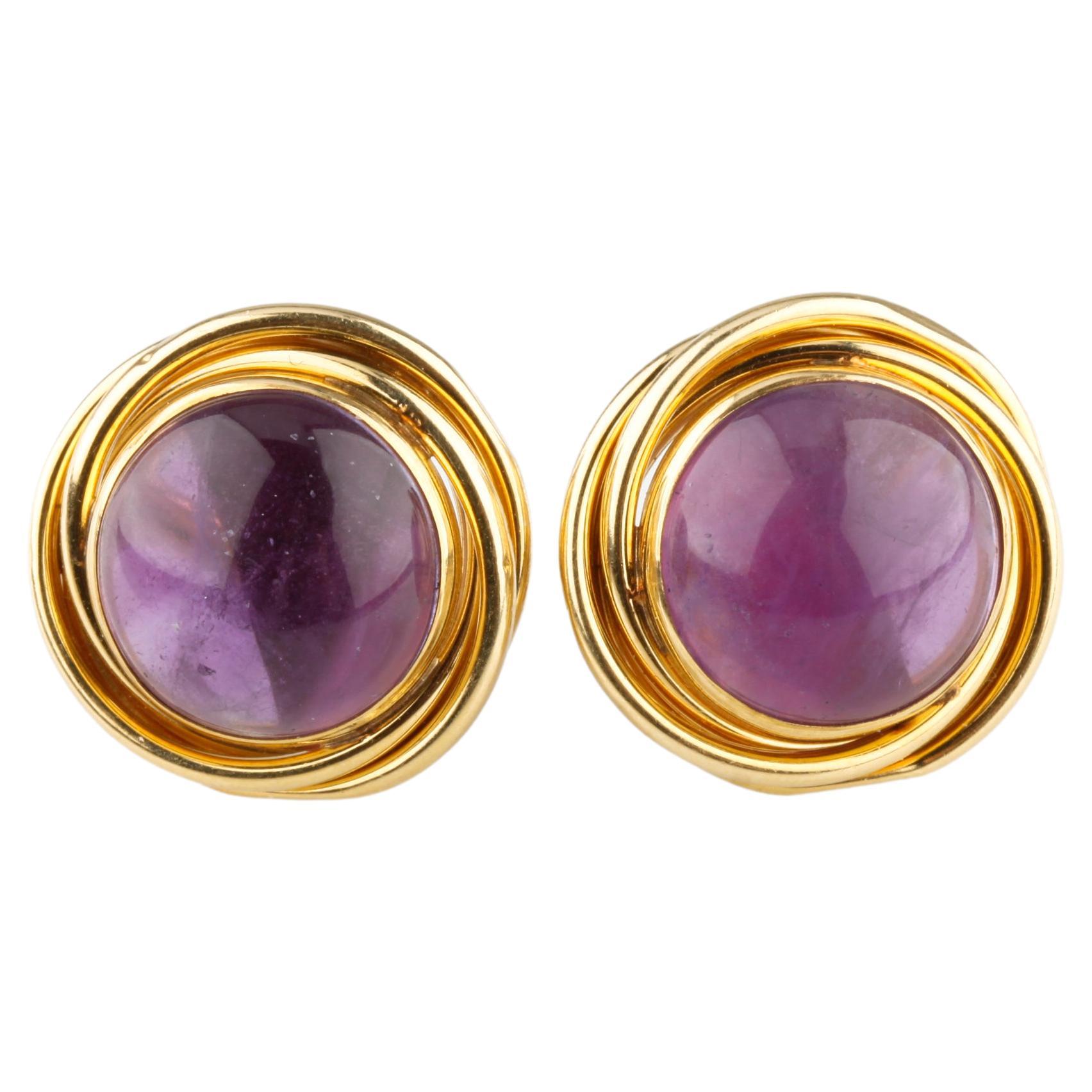 14k Yellow Gold Peter Brams 2 Carat Amethyst Cabochon Clip-On Earrings Gorgeous For Sale