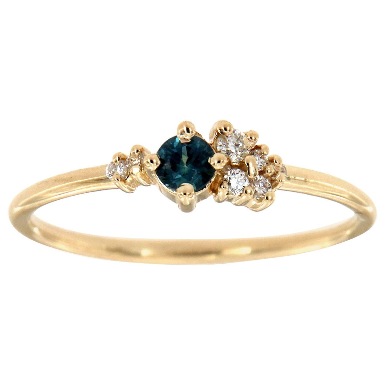 14K Gelbgold Hellblauer Runder Saphir Diamant Ring Center-0,13 Karat im Angebot