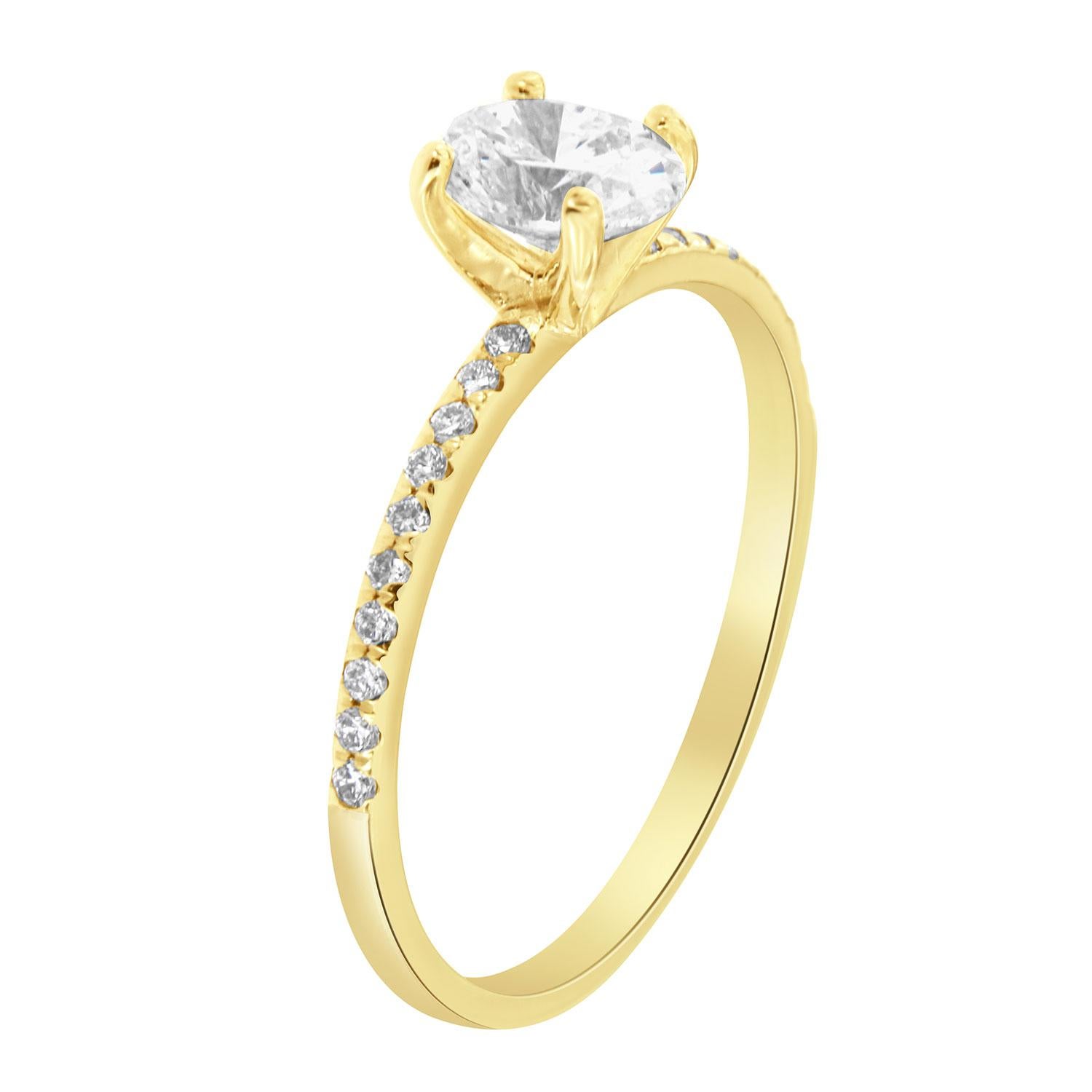 This petite 14k yellow gold ring features twenty (20) brilliant round diamonds Micro-Prong set on a 1.5 mm wide band. In the center of the ring is set one natural diamond GIA certificate 6372461209 as described below:

Shape: Oval
Weight: 0.90