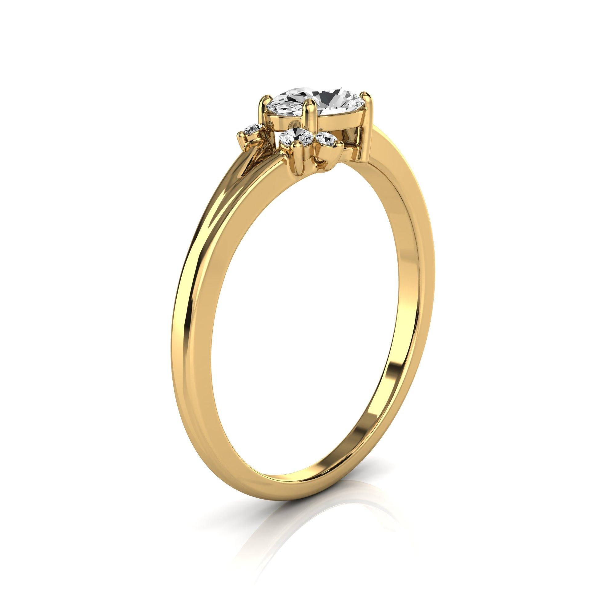 This petite handcrafted earthy, organically designed ring features an Oval shape diamond in total carat weight of 1/2 of a carat, complimented by three (3) round diamonds in a total weight of 0.03 carat, adding to its rustic style. Experience the