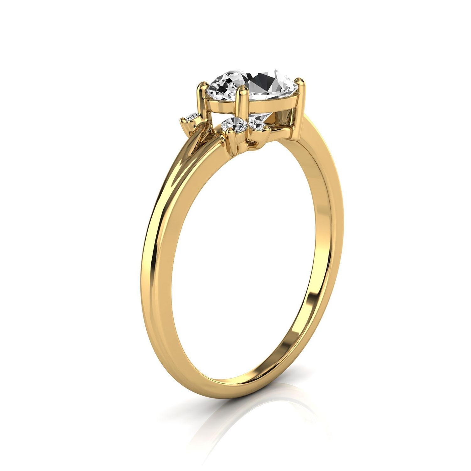 This petite handcrafted earthy, organically designed ring features an Oval shape diamond in total carat weight of 3/4 of a carat, complimented by three (3) round diamonds in a total weight of 0.03 carat, adding to its rustic style. Experience the