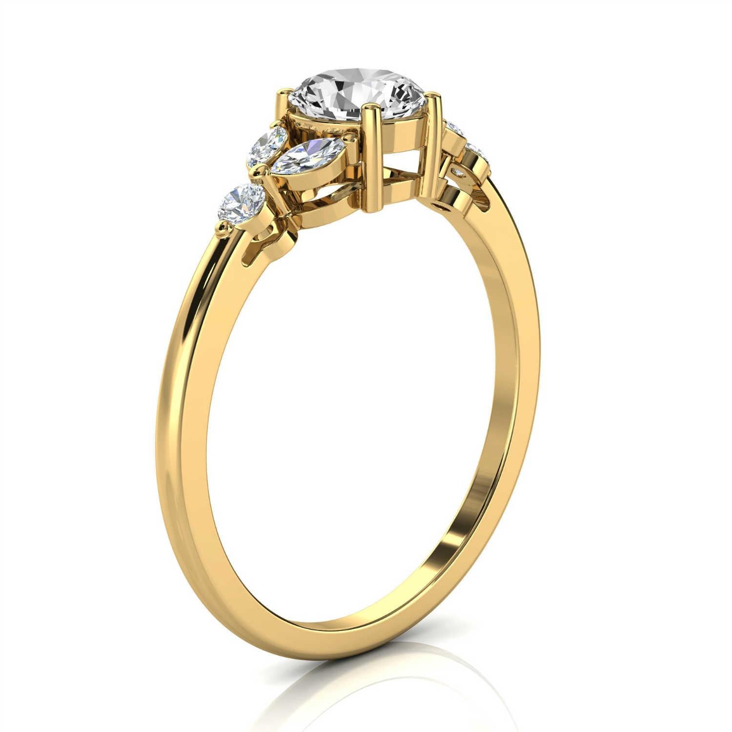 This petite handcrafted earthy, organically designed ring features 1/2 Carat Round diamond flanked by marquise and round shape diamonds on a 1.2 mm wide shank adds to its rustic style. Experience the difference in person!

Product details: 

Center